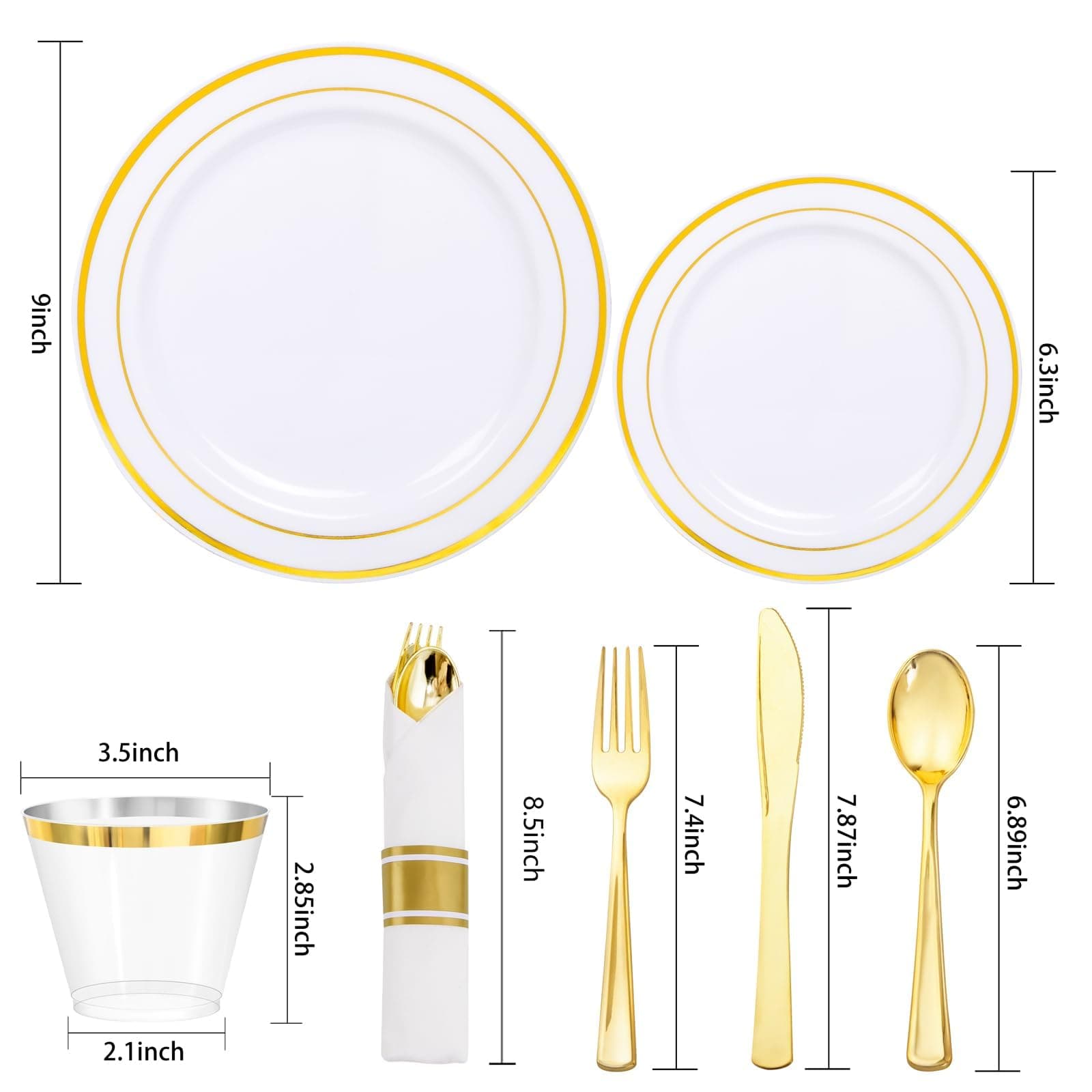 WDF Partyware 350Piece Gold Dinnerware Set for 50 Guests - Gold Plastic Plates with Disposable Cutlery - 50Dinner Plates-50Dessert Plates-50Pre Rolled Napkins with Silverware for Wedding/Birthday, view 8