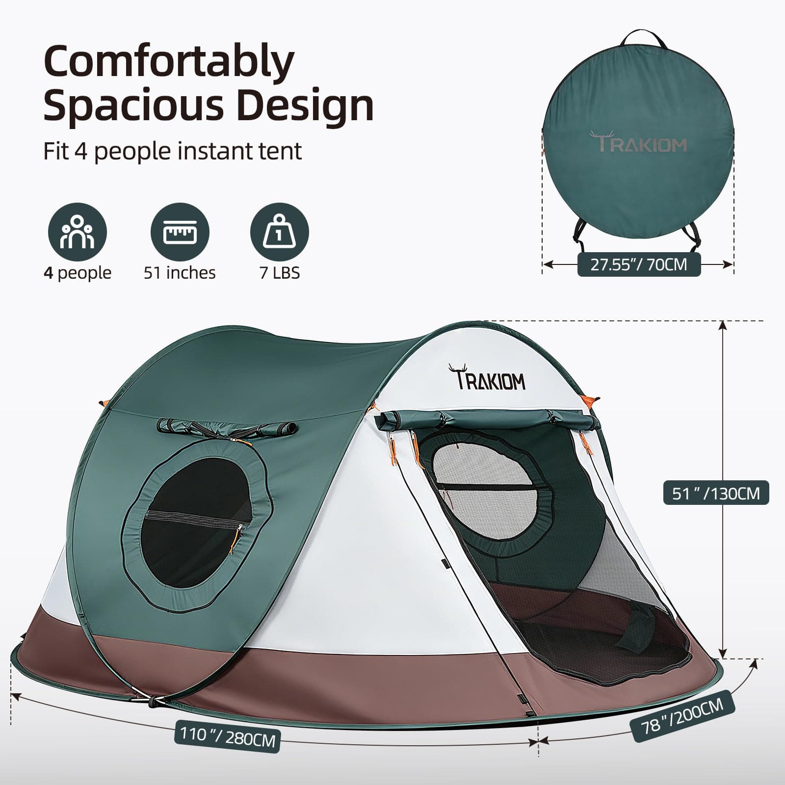 Trakiom Pop Up Tent 4 Person Instant Waterproof Camping Vestibule, view 3