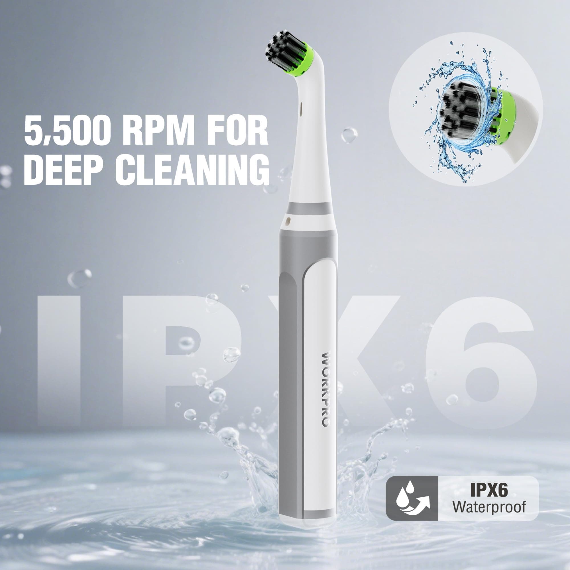 WORKPRO Cordless Grout Brush Set, 5500RPM Power Scrubber, IPX6 Waterproof Electric Scrubber with Type-C Charging Cable and Replaceable Brush Heads for Cleaning Grout, Tiles, Grime, and Crevices, view 4
