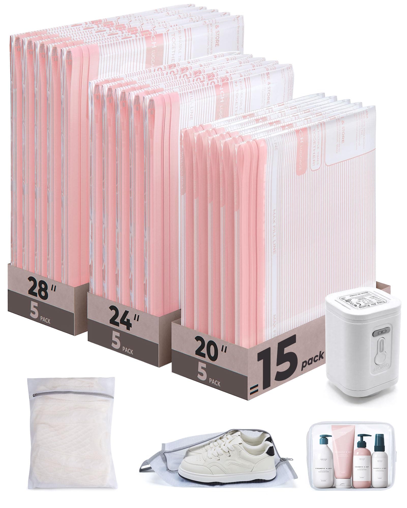 BAGSMART Vacuum Bags for Travel with Rechargeable Air Pump, Portable Space Saver Bags for Travel & Home, Vacuum Compression Seal Bag for Clothing, 18 Pack Pink with Shoe, Laundry & Toiletry Bags, TickClip Tick verdict