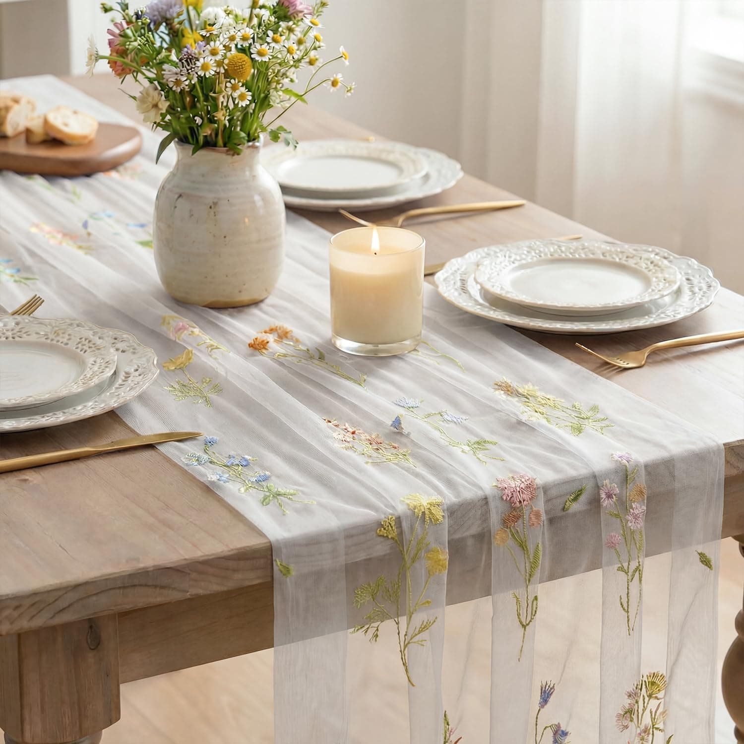 Artoid Mode 3PC Wildflower Floral Milky White Gauze Embroidery Table Runner 120 Inch 10FT, Tulle Seasonal Spring Kitchen Dining Table Decor for Home Party, view 4