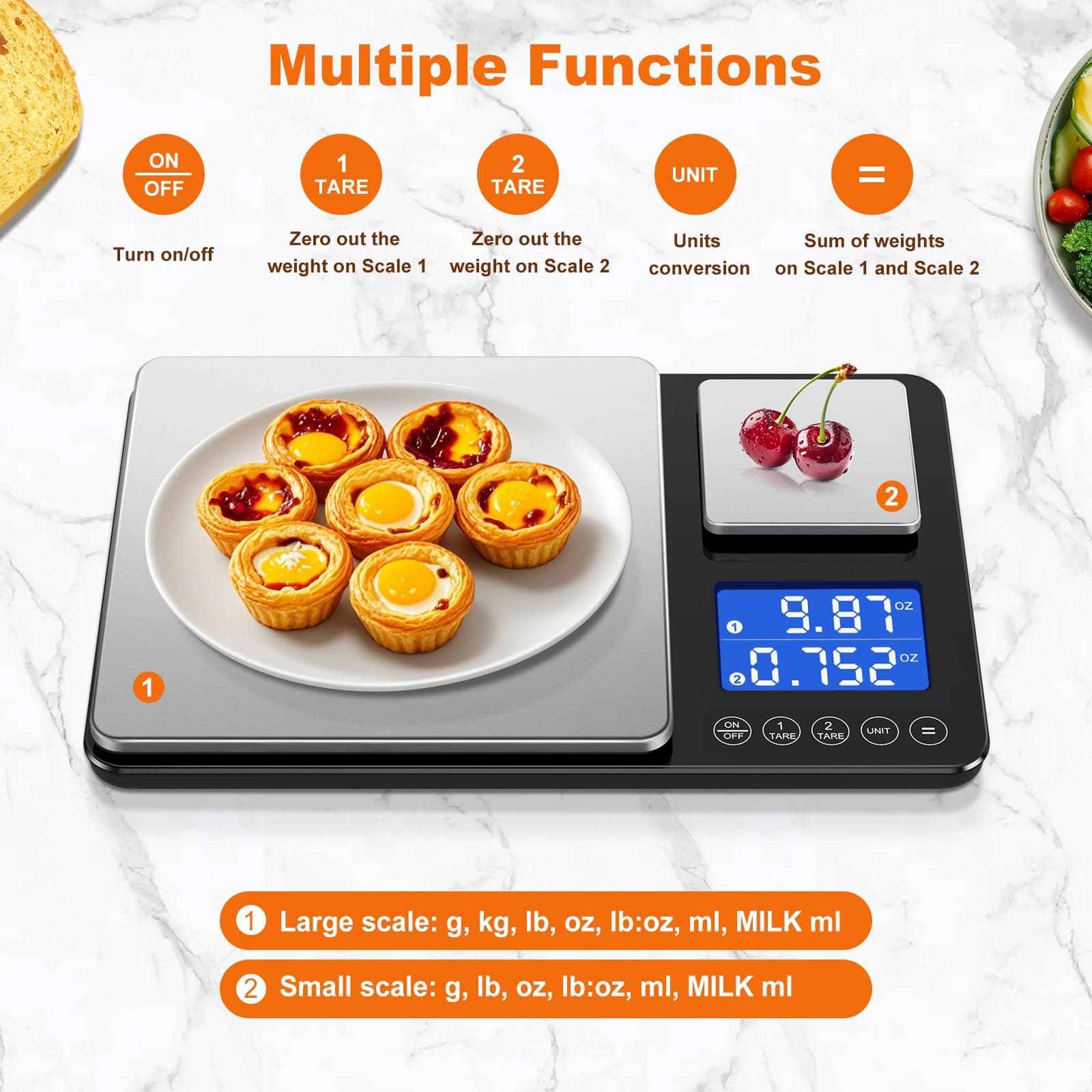 KUAIVO 0.001oz/33lbs Dual Platform Food Kitchen Scales Digital Weight Grams and Ounces, Two Precisions Kitchen Scale for Sourdough Bread, Baking and Cooking with 7 Units Tare, Accumulation Functions, view 3