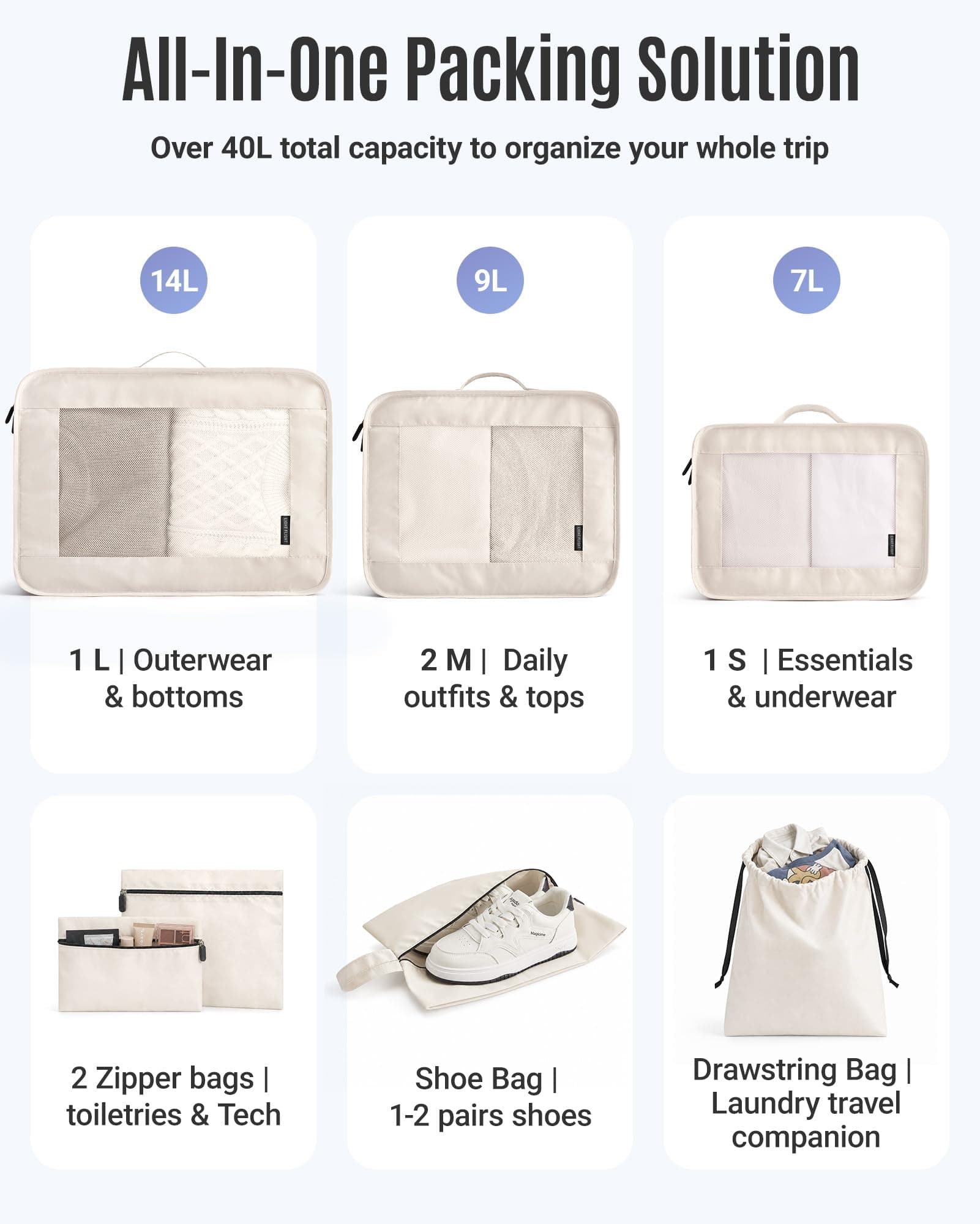 LIGHT FLIGHT 8 Set Packing Cubes for Travel, Cruise Ship Travel Essentials, view 6