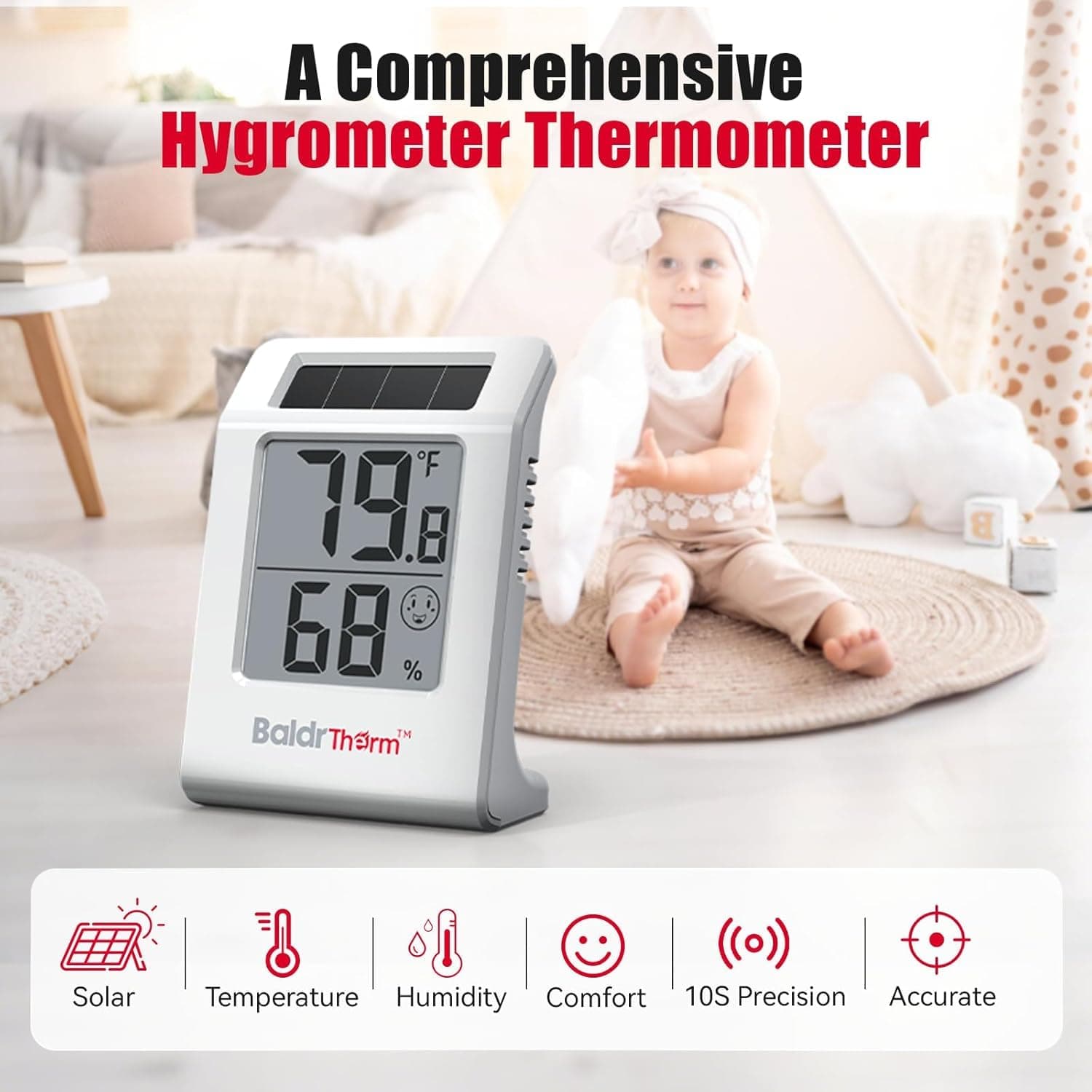 2.2'' Digital Thermometer and Hygrometer Meter, Solar-Powered Indoor Temperature Sensor Humidity Monitor, Humidity Gauge for Baby Rooms, Bedrooms, Home, Office, and Wine Cellars, White, 2Pack, view 6