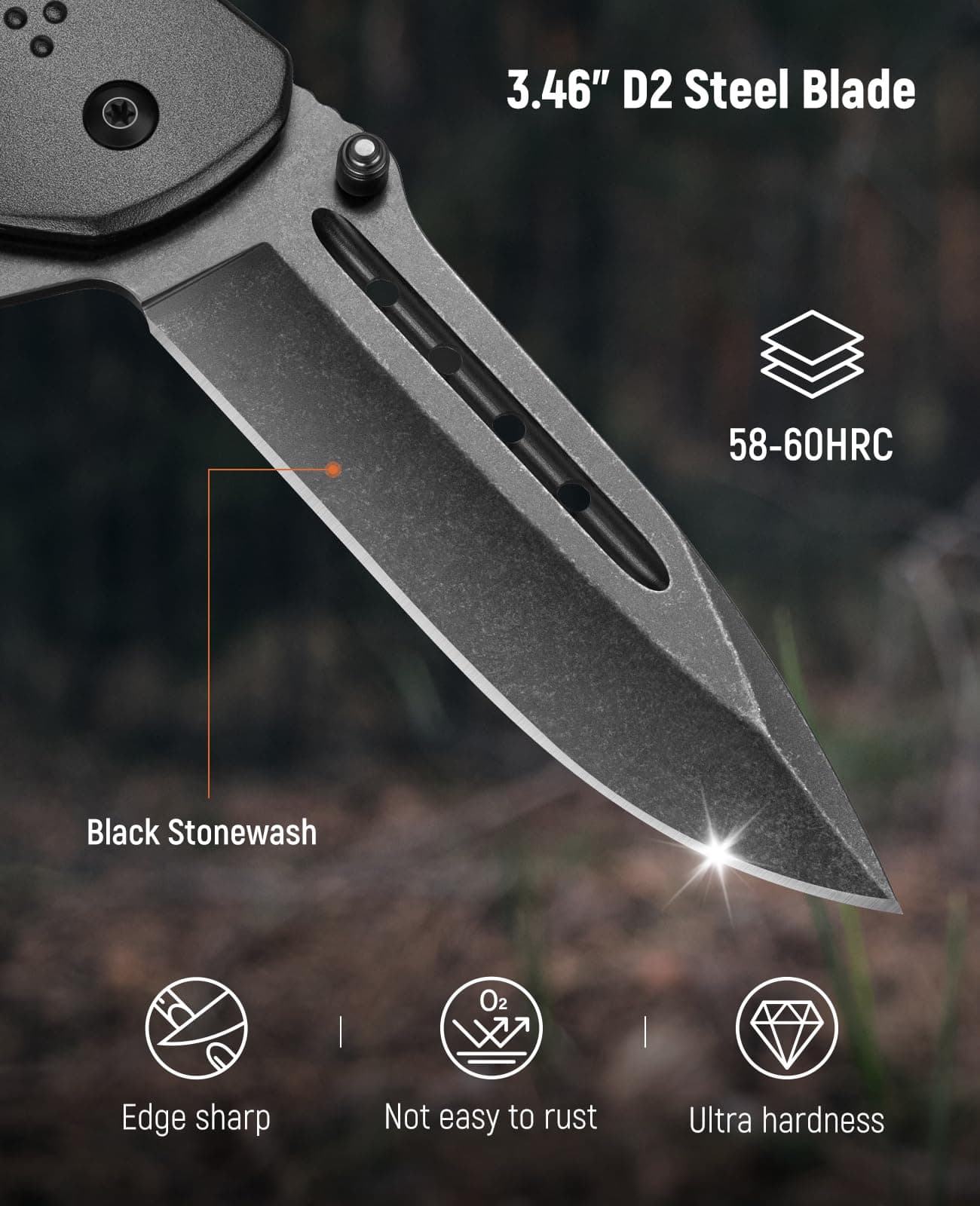 KEXMO Folding Pocket Knife with 3.46" D2 Steel Black Stone Wash Blade and G10 Handle Small Camping Knife for Men Women EDC Outdoor Survival Fishing, Green, view 3