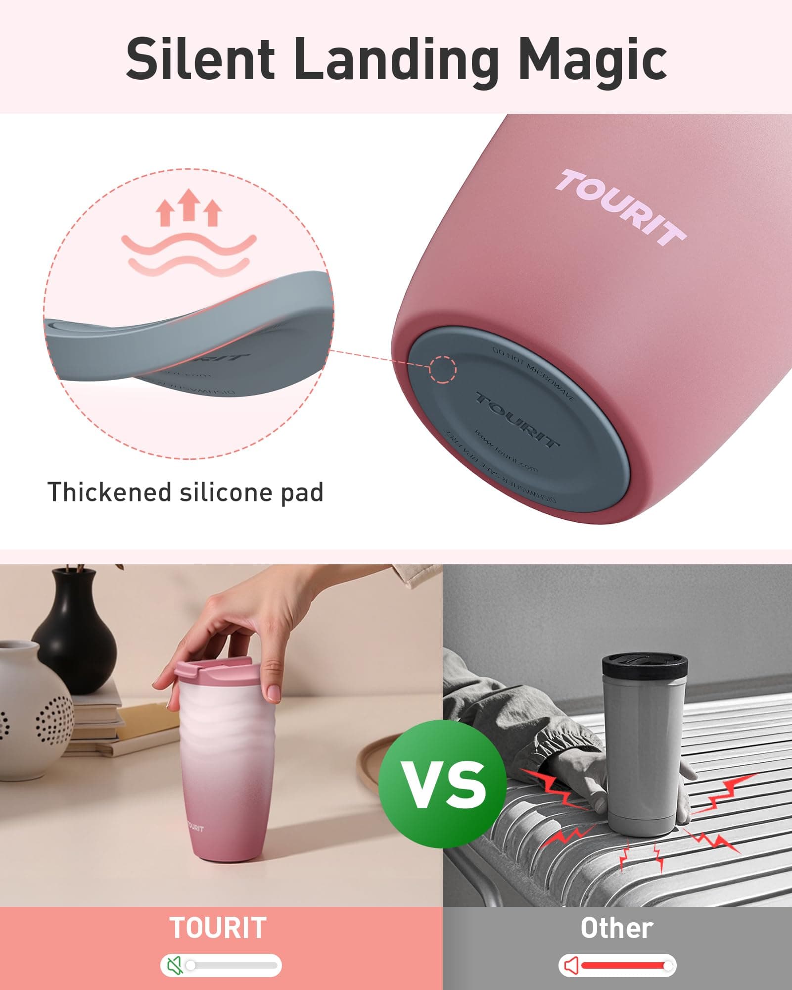 TOURIT 12 oz Travel Coffee Mug, Vacuum Insulated Stainless Steel Tumbler with Ripple-Wave Anti-Slip Grip, Built-in Silicone Bottom for Quiet & Stable, Leak-Proof Lid, Fits Car Cup Holder, Light khaki, view 7