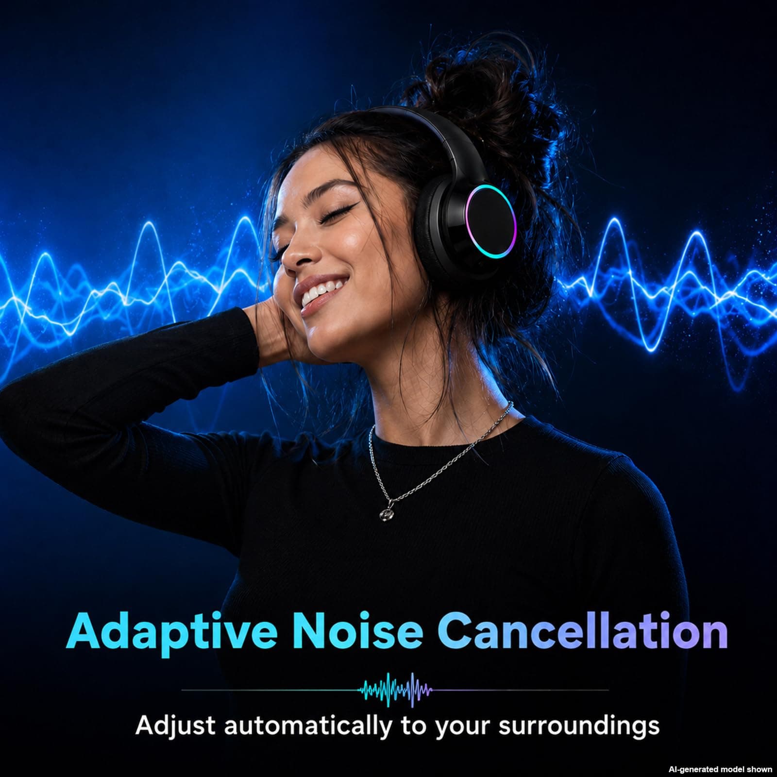 CYSRALFC Bluetooth Headphones, Over Ear Wireless Headphones, RGB Light, Foldable Lightweight Headset with Microphone, Wireless Headphones for Cell Phone, Music, Gaming, School, Home Office, view 3