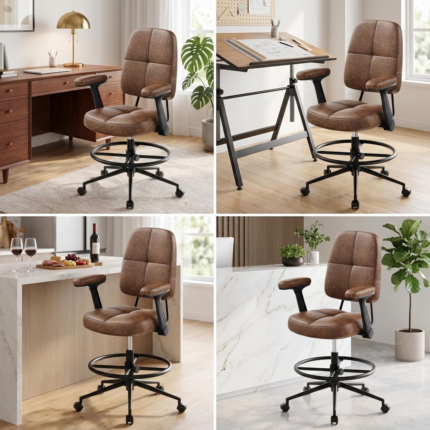 Marsail Ergonomic Drafting Chair for Standing Desk, 330lbs Heavy Duty Tall Office Chair with Adjustable Foot Ring & Flip-Up Arms, Comfort Brown Leather, 3.5" Thick Cushion, view 9