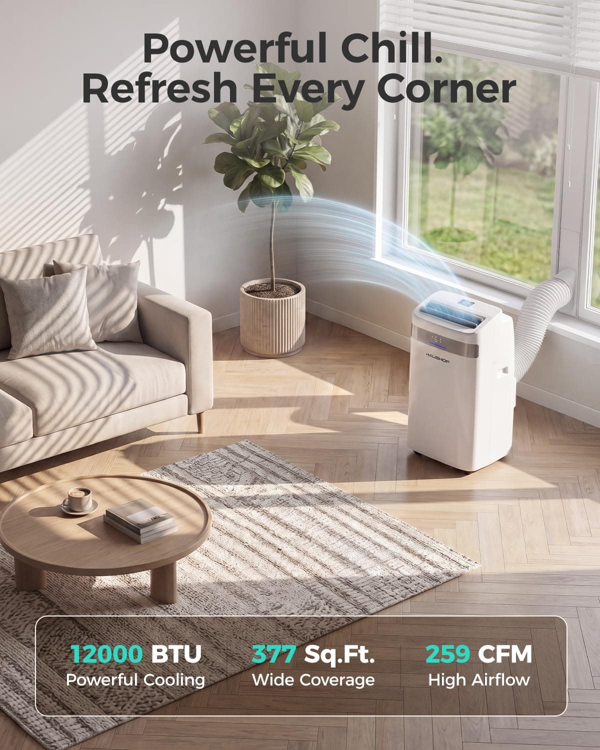 HAUSHOF 12000 BTU Portable Air Conditioners, Portable AC with Cool, Fan, Dry & Sleep Mode, AC Unit Portable with 35°-70° Auto Swing, Remote Control,24H Timer, Window Kit & Exhaust Hose Sleeve Included, view 2