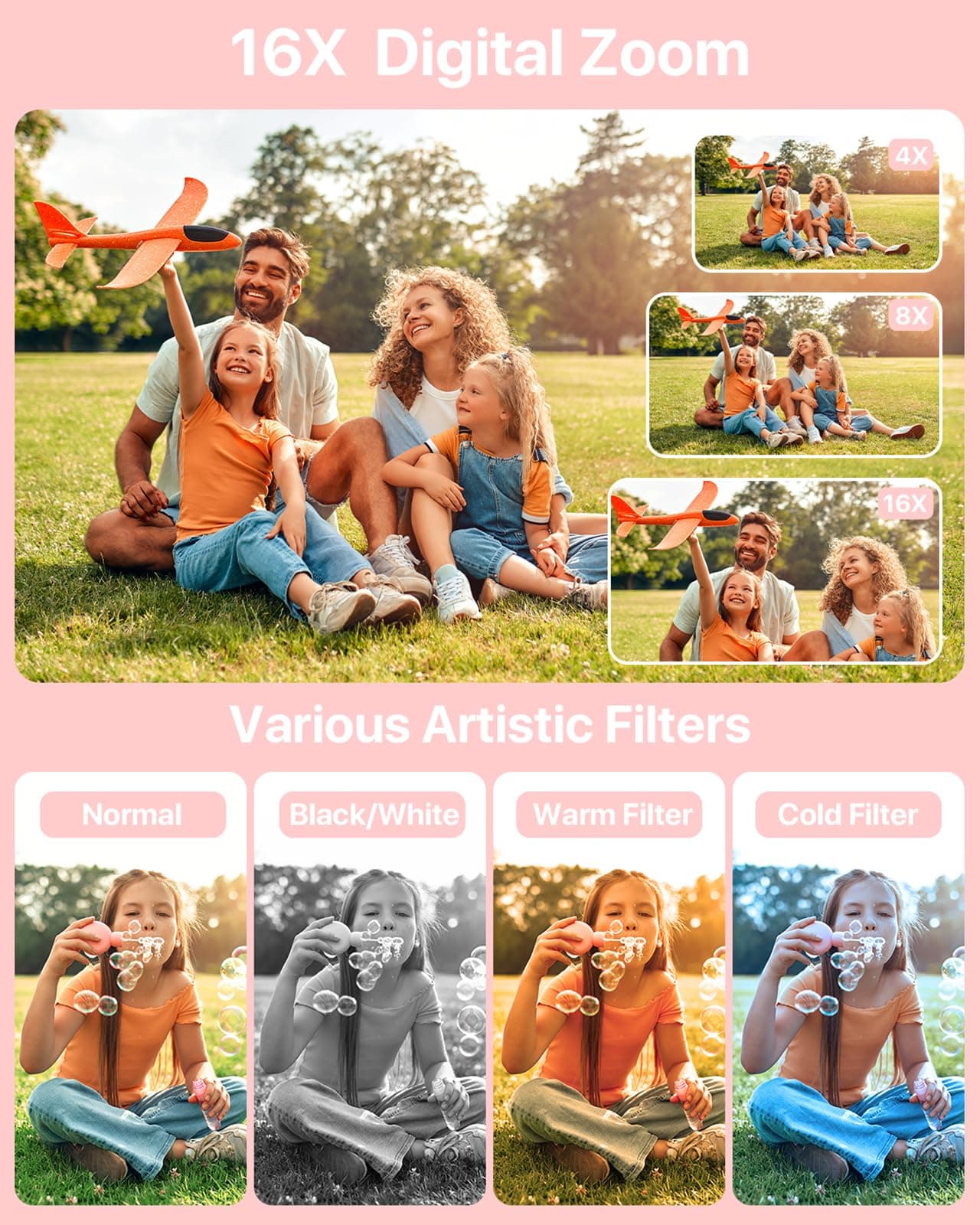 Digital Camera, Kids Camera with 32GB Card, FHD 1080P 44MP Vlogging Camera, 16X Zoom Point and Shoot Digital Camera Compact Portable Rechargeable Cameras for Teens Boys Girls Students Seniors-Pink, view 4