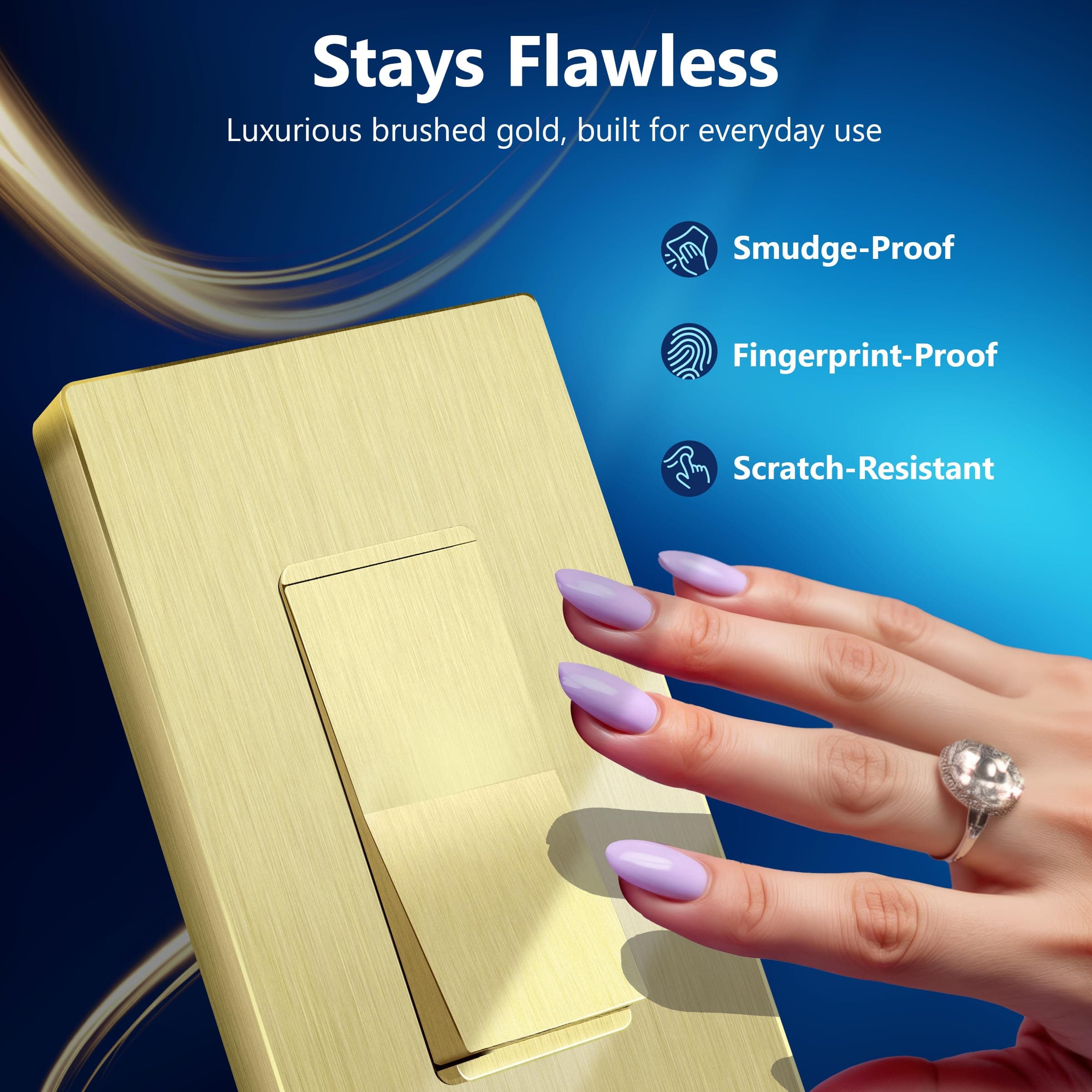LIDER Frameless Paddle Wall Light Switch, 3 Wire, 15A -277VAC, Brushed Gold, view 2