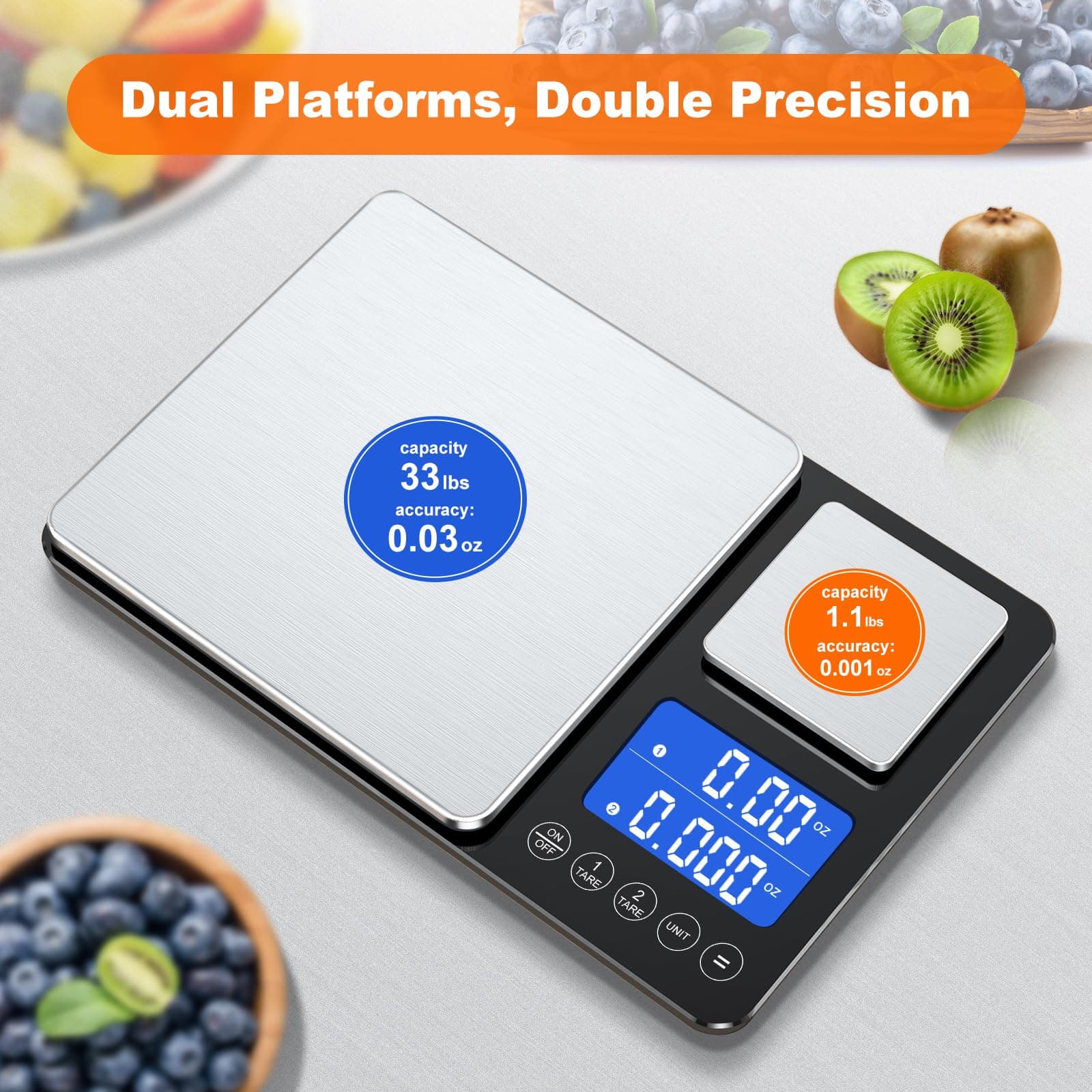 KUAIVO 0.001oz/33lbs Dual Platform Food Kitchen Scales Digital Weight Grams and Ounces, Two Precisions Kitchen Scale for Sourdough Bread, Baking and Cooking with 7 Units Tare, Accumulation Functions, view 9