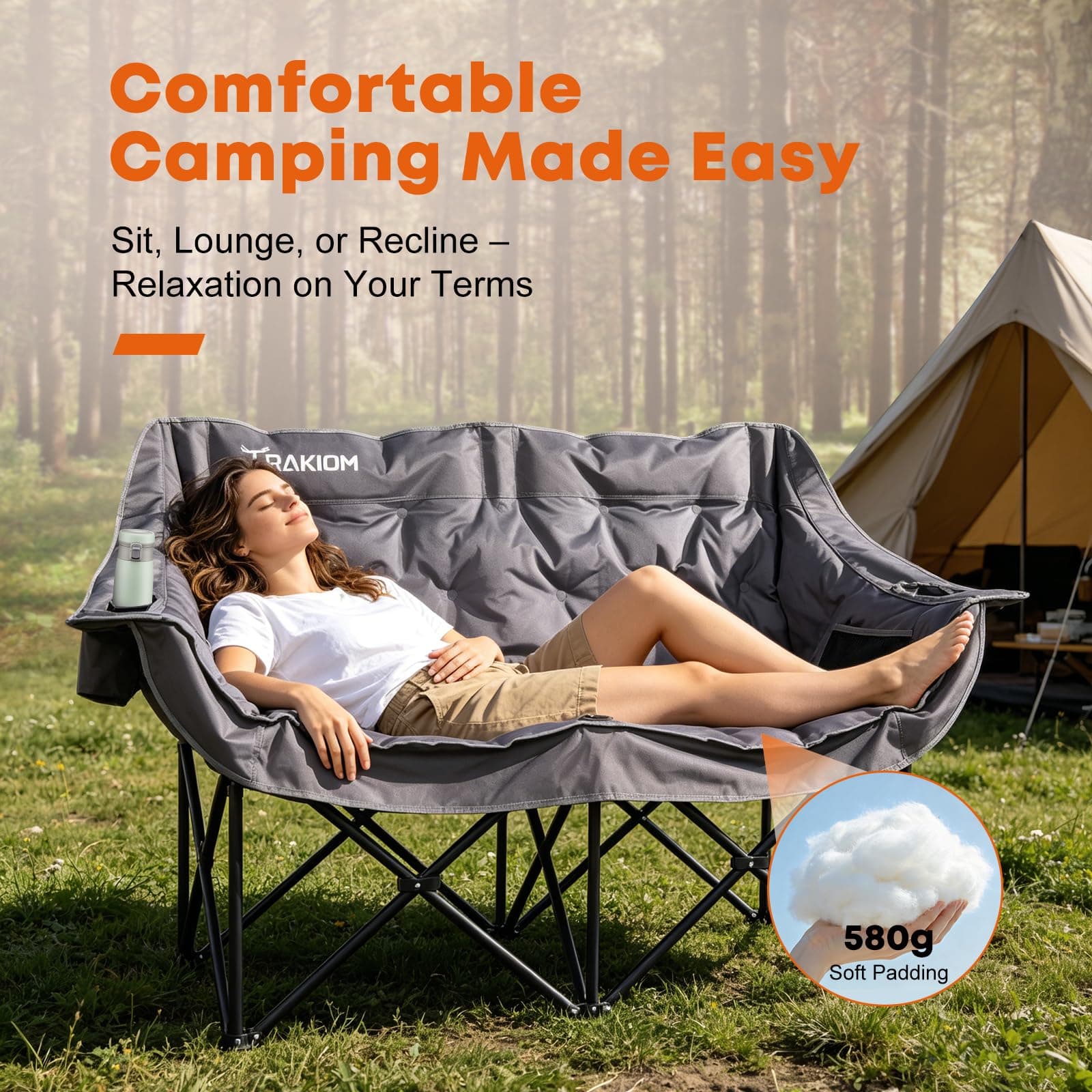Trakiom Double Camping Chair, Oversized with Cup Holders, Grey, view 5