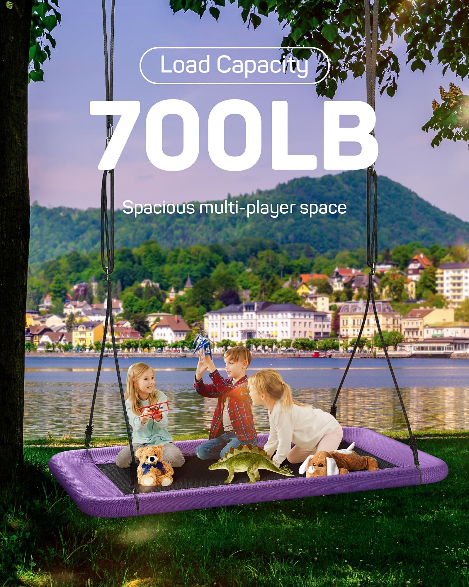Everyfun Tree Swing for Kids and Adults, 60" Waterproof Rectangle Platform Swing, 700lbs Heavy Duty with Adjustable Straps, Purple, view 2