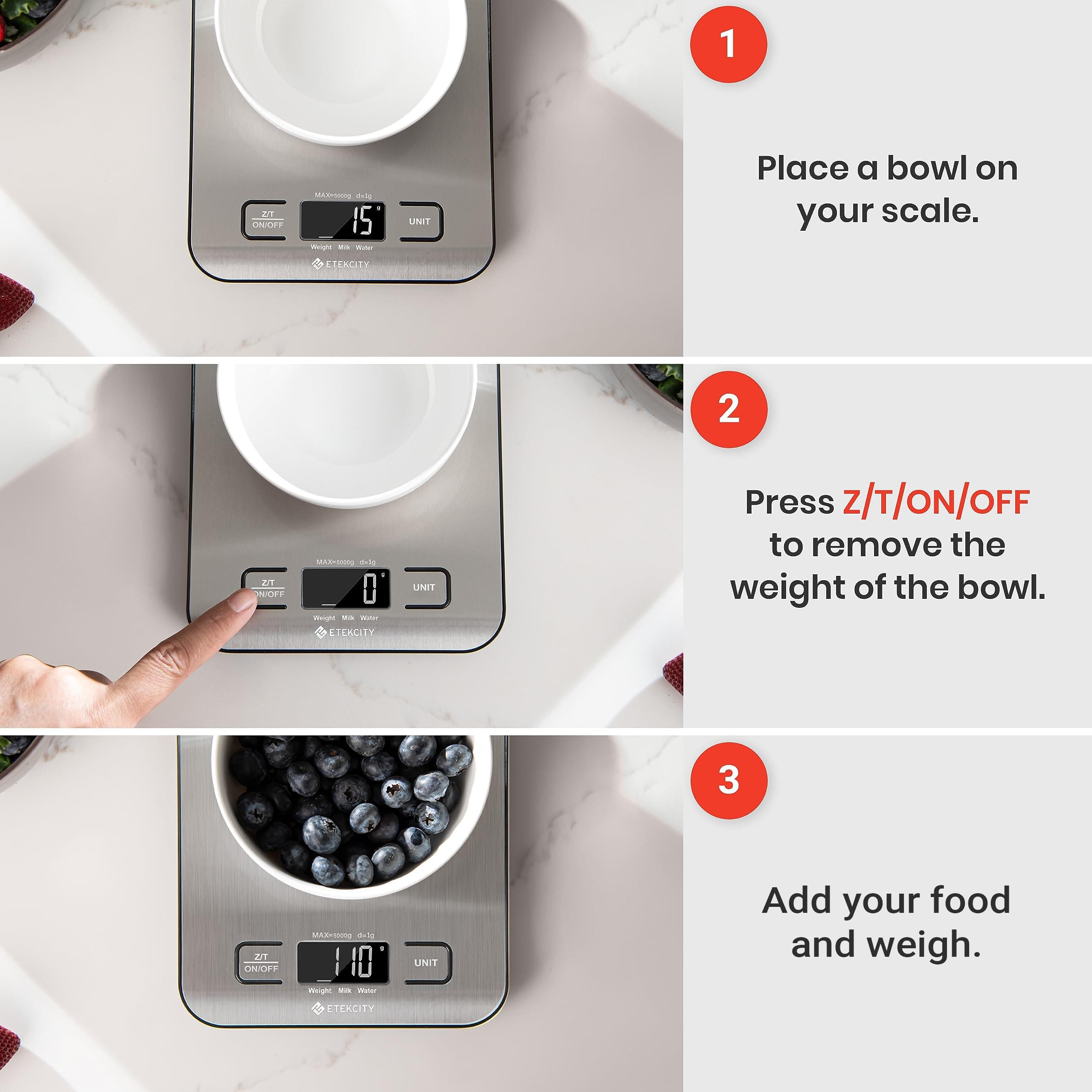 Etekcity Food Kitchen Scale, Digital Grams and Ounces for Weight Loss, Baking, Cooking, Keto and Meal Prep, LCD Display, Medium, 304 Stainless Steel, view 6