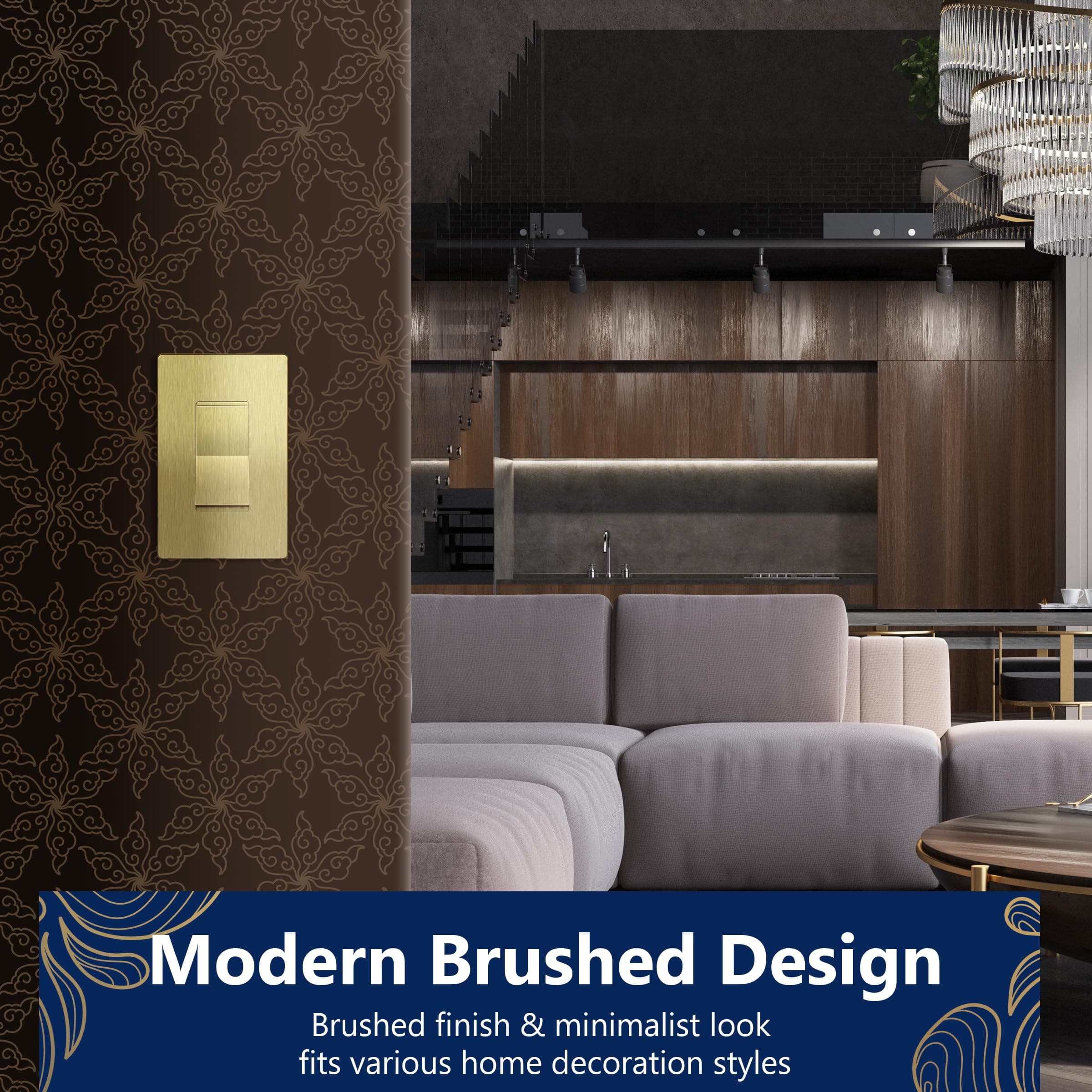 LIDER Frameless Paddle Wall Light Switch, 3 Wire, 15A -277VAC, Brushed Gold, view 6