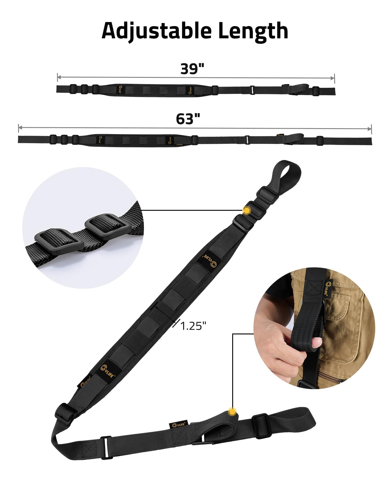 CVLIFE Two Point Sling Quick Adjustment with Removable Widened Pad, Black, view 6