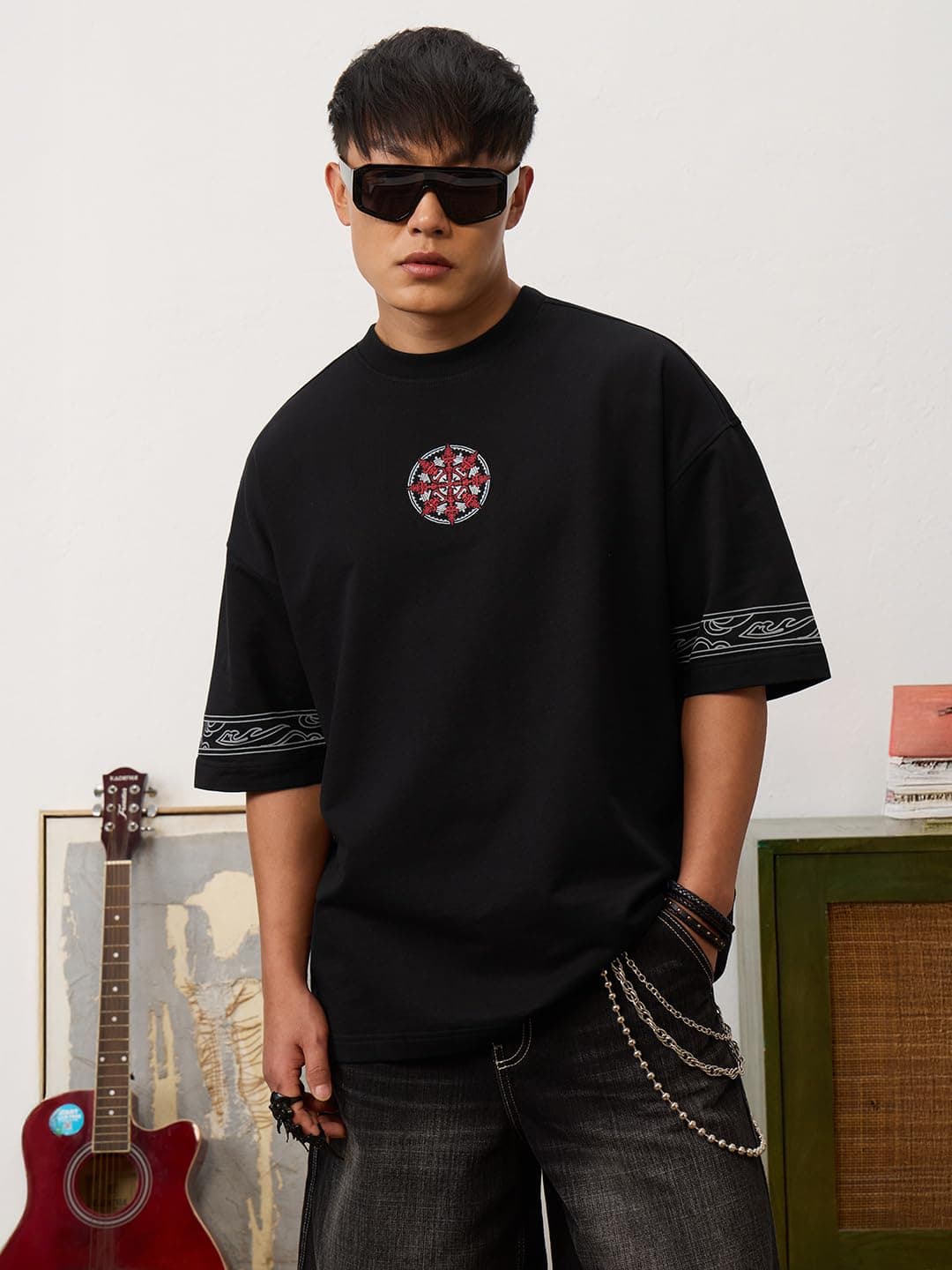 The Souled Store Chakra - Camiseta de manga corta para hombre y niño, cuello redondo, estampado gráfico, algodón, casual, hombros caídos, a la moda, cómoda, urbana, de gran tamaño, Chakra, 46, view 5