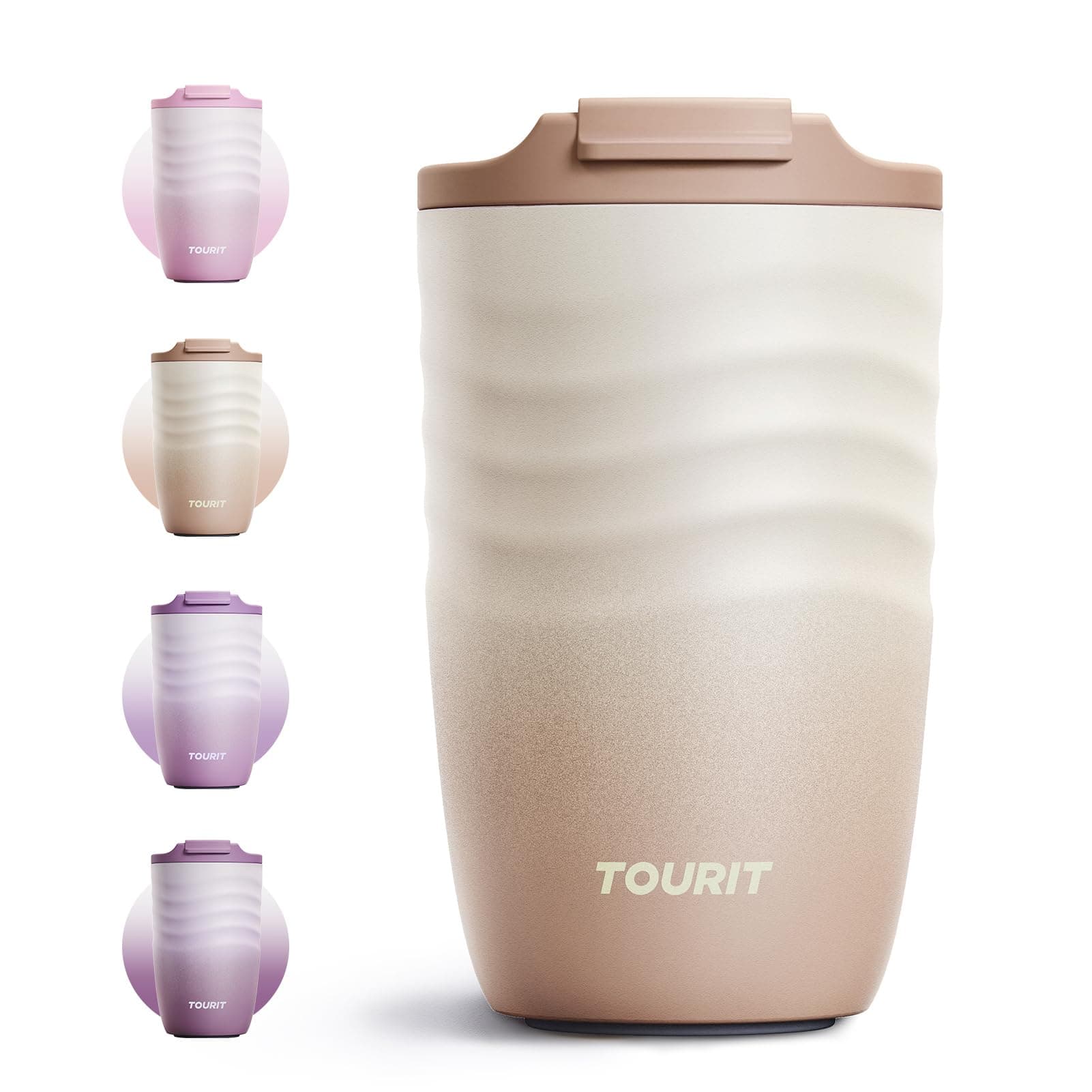 TOURIT 12 oz Travel Coffee Mug, Vacuum Insulated Stainless Steel Tumbler with Ripple-Wave Anti-Slip Grip, Built-in Silicone Bottom for Quiet & Stable, Leak-Proof Lid, Fits Car Cup Holder, Light khaki, TickClip Clip verdict