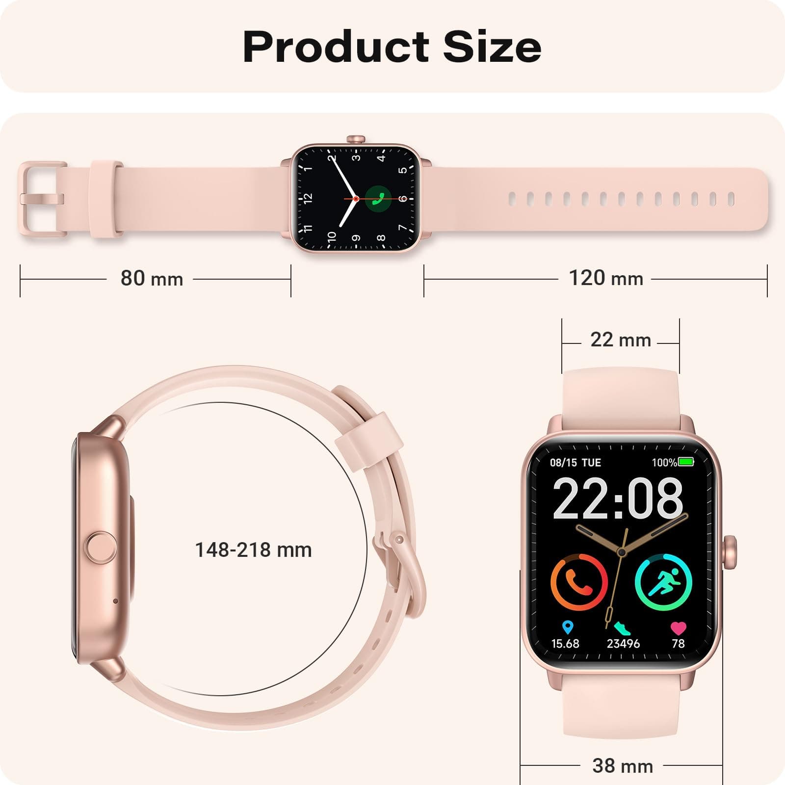 WNH Smart Watch for Women Android & iPhone, 1.8" Touch Screen Fitness Tracker with Alexa, Call & Notification Alerts, Heart Rate/Sleep/SpO2 Monitor, IP68 Waterproof, 120+ Sport Modes (Pink), view 9