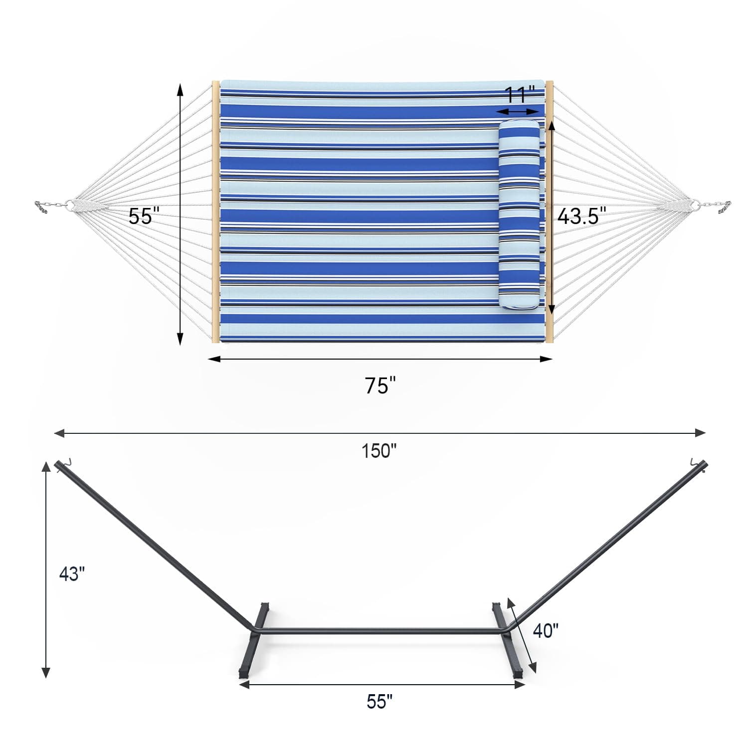 Everyfun 2 Person Hammock with Stand, Heavy Duty Double Cotton Rope Hammock with Removable Quilted Pad & Pillow, 500 LBS Adjustable Steel Frame, Tool-Free, Carry Bag for Outside Patio Yard, Blue, view 9