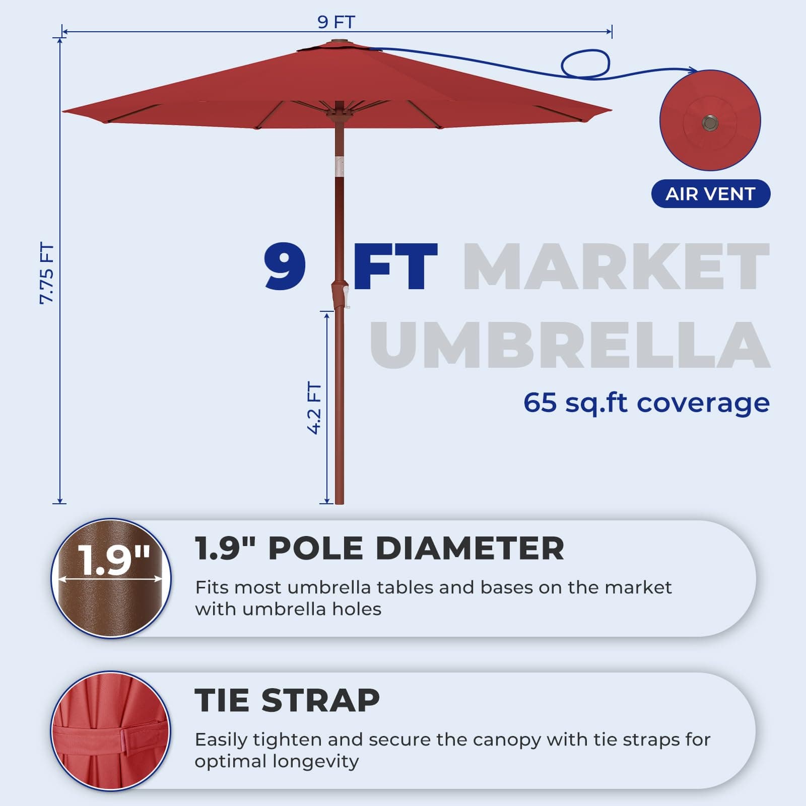 BRIOPAWS 9FT-Patio-Umbrella w/Push Button Tilt & Crank | Red, view 3