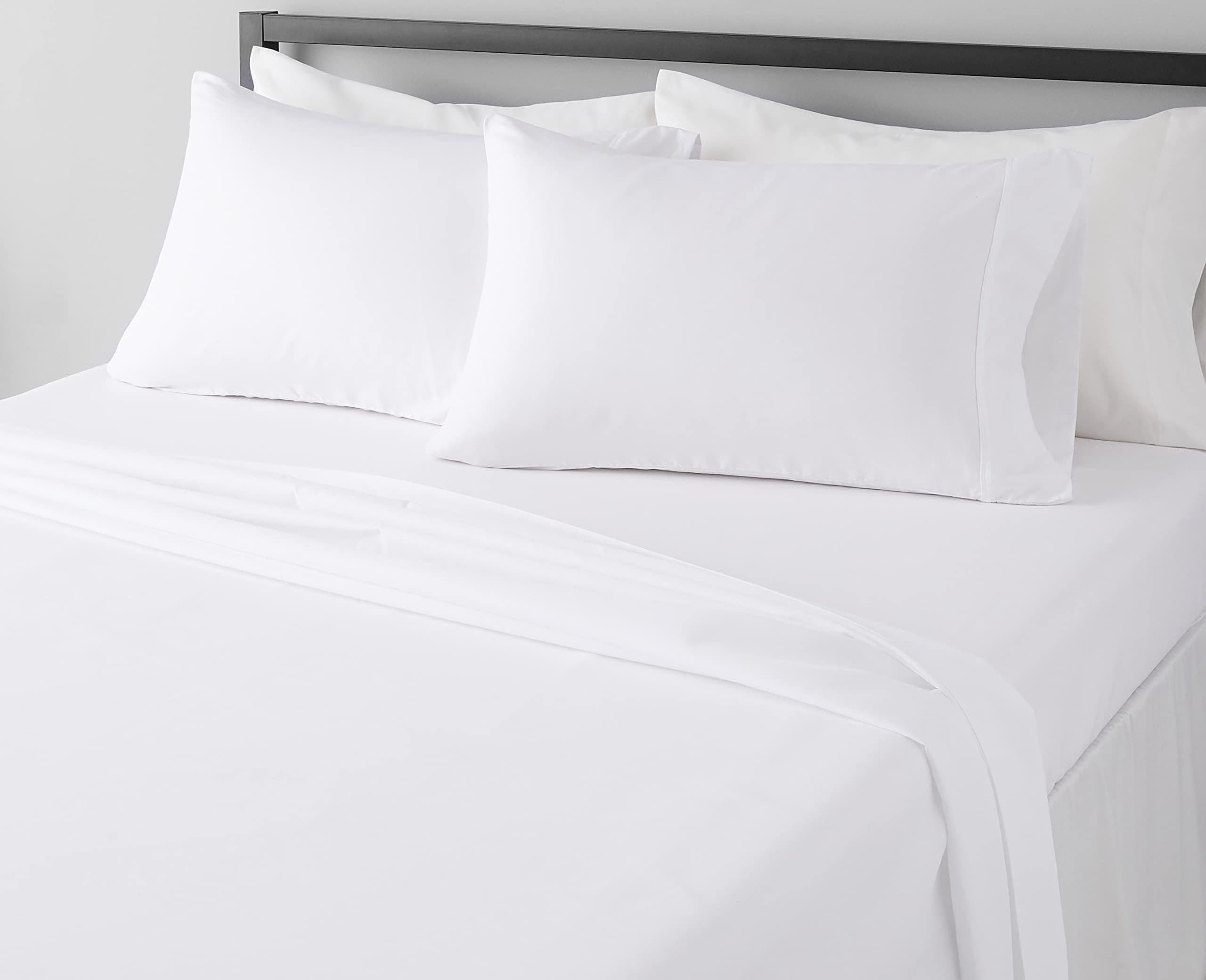 Amazon Basics Lightweight Super Soft Breathable Wrinkle-Resistant Microfiber 4-Piece Bed Sheet Set with 14-Inch Deep Pockets, Queen, Bright White, Solid, TickClip Tick verdict