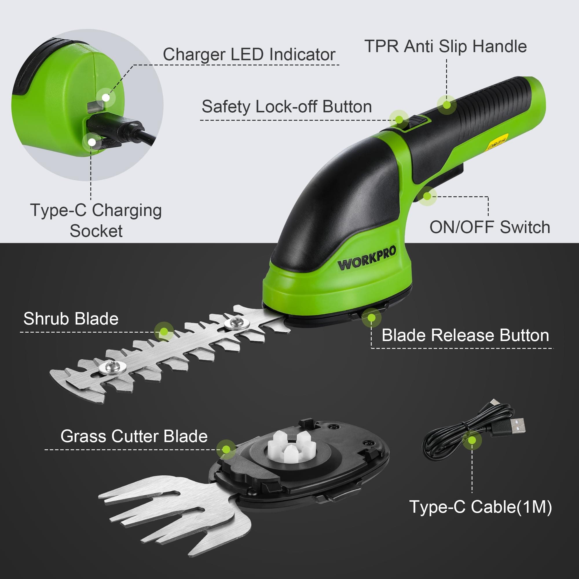 WORKPRO 3.6V Cordless Grass Shear & Shrubbery Trimmer, Green, view 7