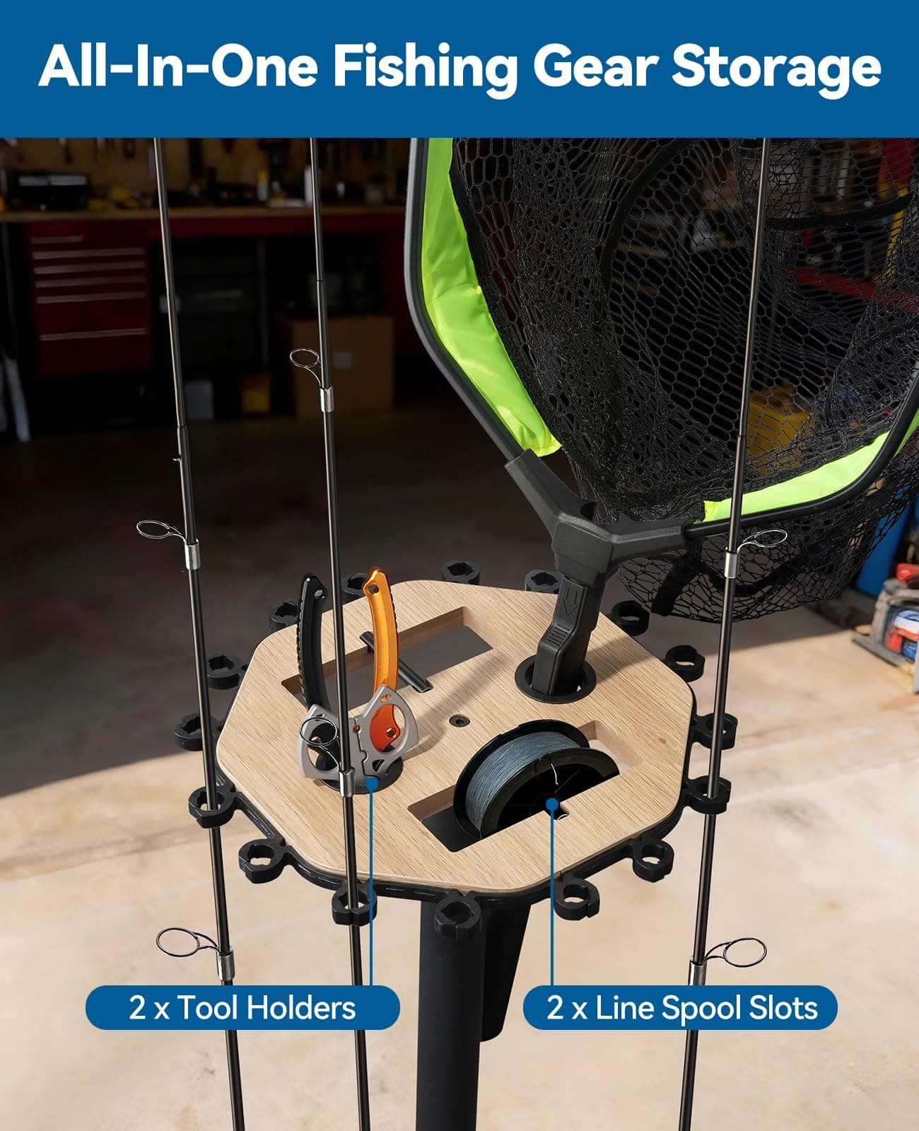 KEXMO Mobile Fishing Rod Holder Pole Rack for Garage, 360 Degree Lockable Wheels, Rigging Station, Heavy-Duty Steel Space-Saving Floor Stand, Holds 16 Combos, Fishing Gear Storage, Natural Wood Grain, view 3