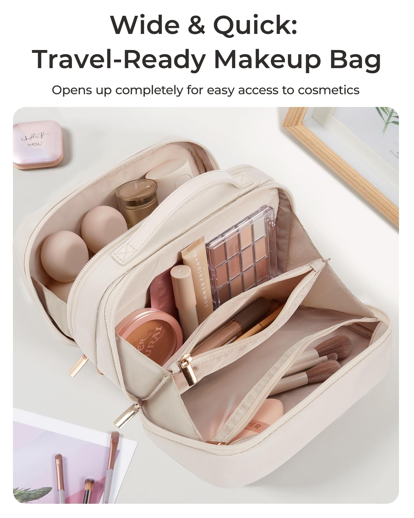BAGSMART Travel Makeup Bag, Make Up Bag with Multiple Compartments for Organizer, Durable & Compact Cosmetic Organizer for Women for Travel Accessories (Beige), view 3