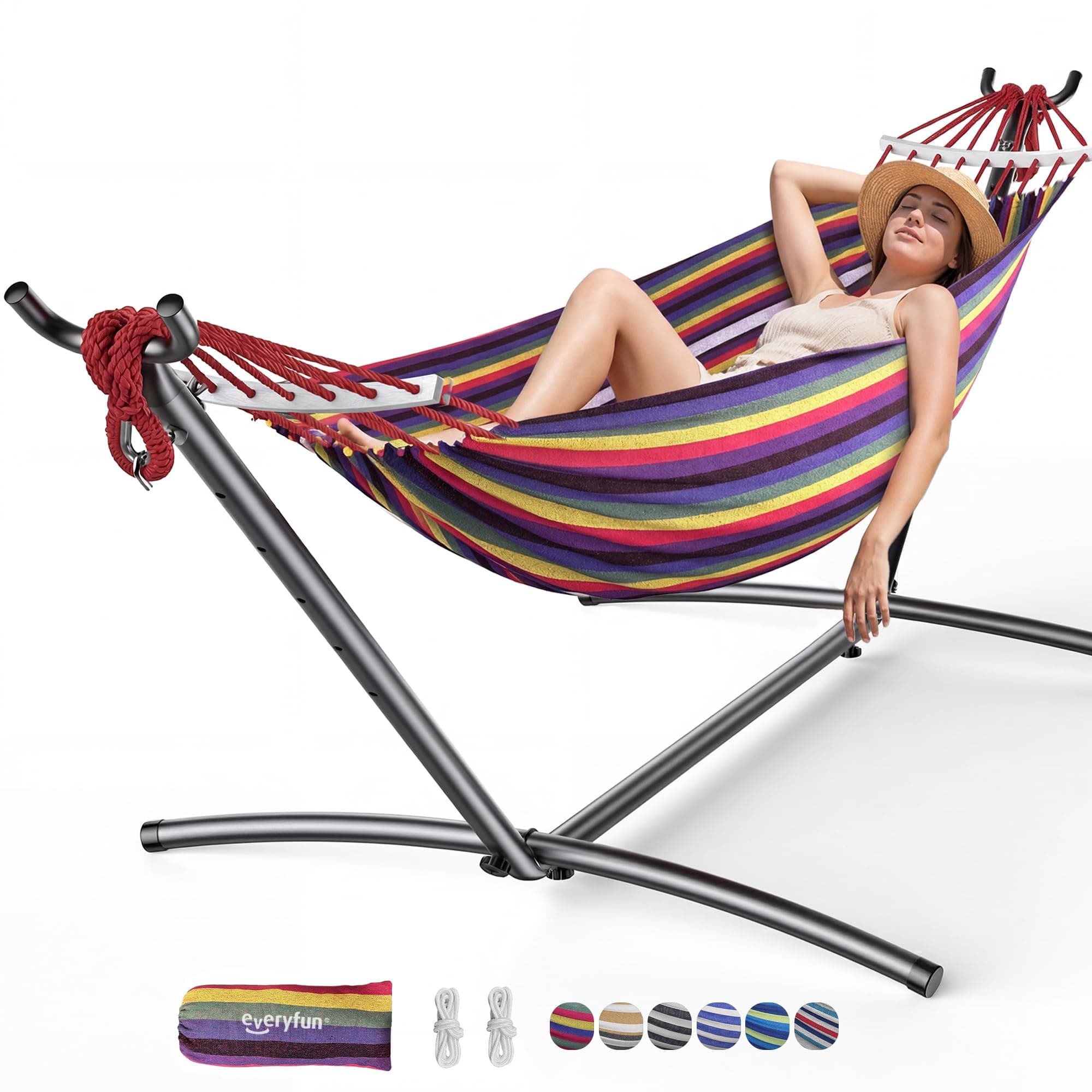 Everyfun Double Hammock with Stand, 2 Person Heavy Duty Hammock with Steel Stand, 600 lbs Capacity Cotton Hammock for Outdoor Indoor Patio Yard, Portable with Carrying Bag, Tool-Free 10-Min Assembly, TickClip Clip verdict