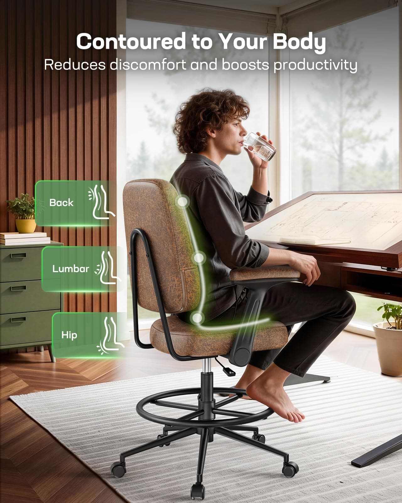 Marsail Ergonomic Drafting Chair for Standing Desk, 330lbs Heavy Duty Tall Office Chair with Adjustable Foot Ring & Flip-Up Arms, Comfort Brown Leather, 3.5" Thick Cushion, view 4