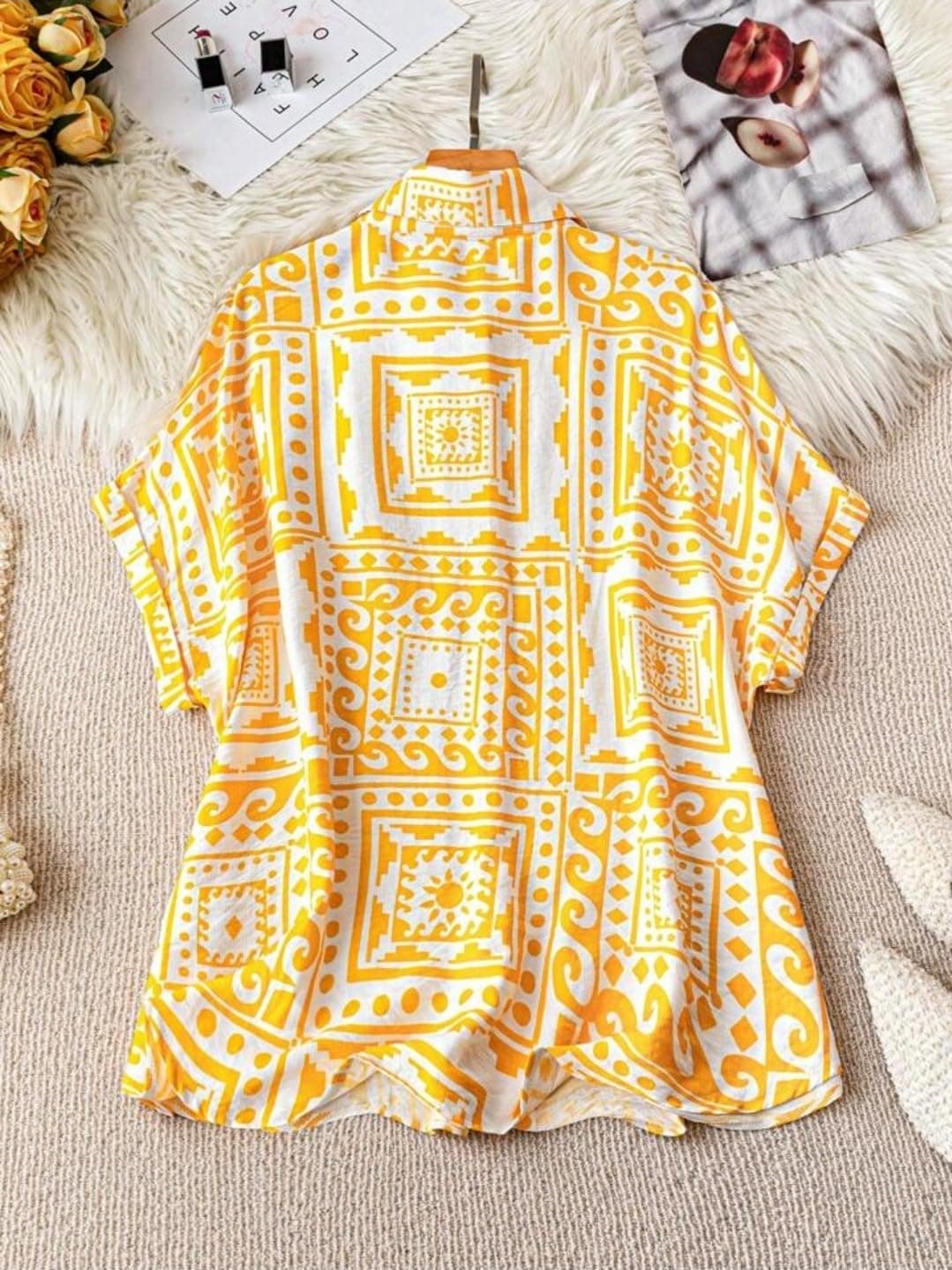 Gufrina Camisa de mujer de poliéster con bolsillo, media manga raglán, cuello ancho, estampado geométrico, corte holgado y longitud estándar, azul, XL, view 4