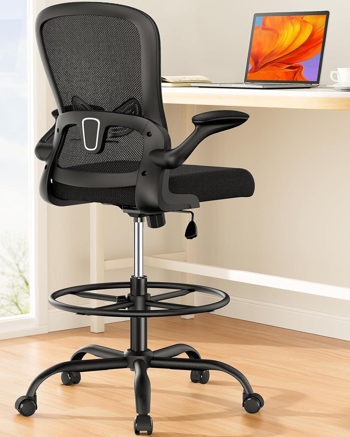 ErGear Drafting Chair, Standing Desk Chair with Flip-Up Armrests, High Desk Chair Adjustable Height, Ergonomic Tall Office Chair with Lumbar Support and Adjustable Footrest Ring, TickClip Clip verdict