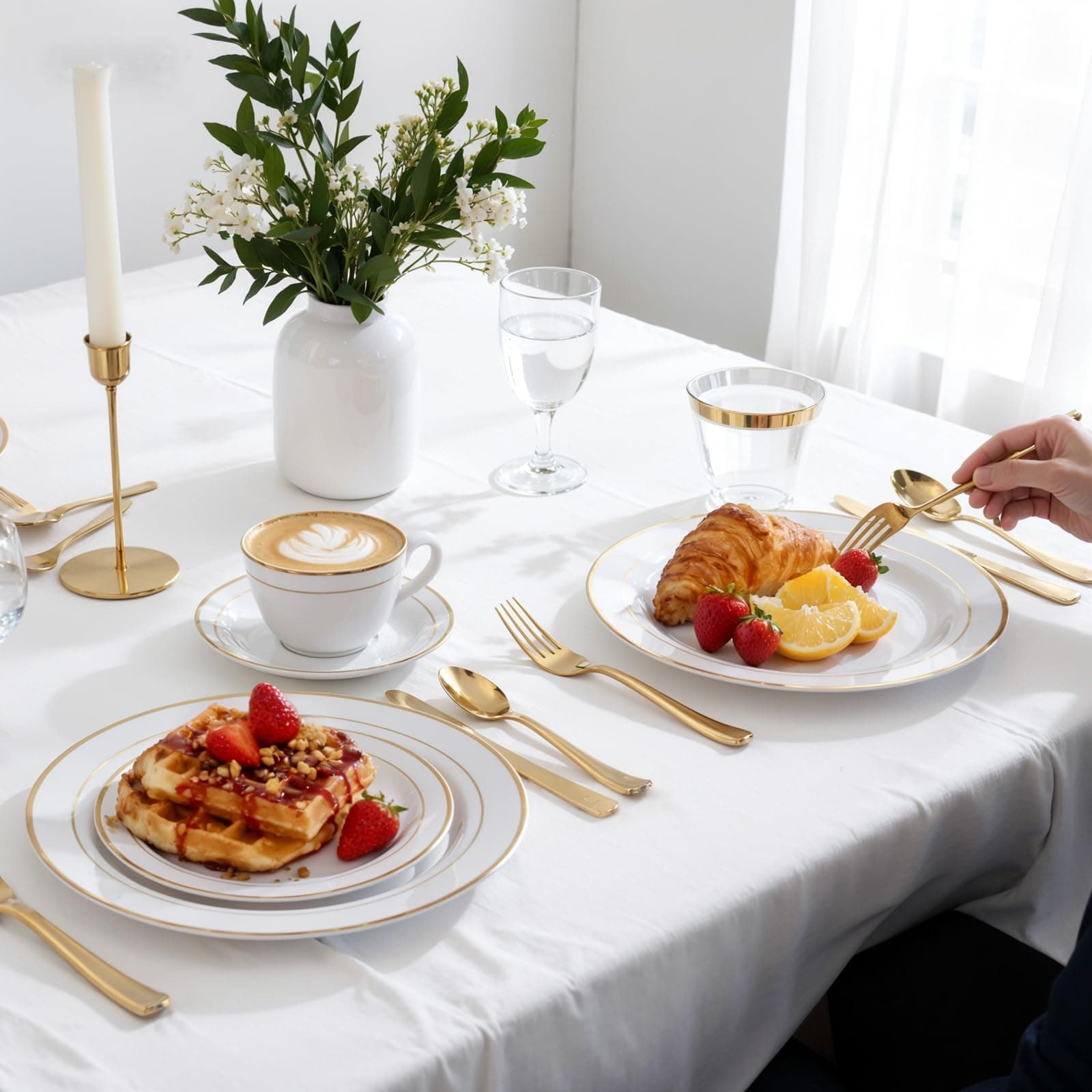 WDF Partyware 350Piece Gold Dinnerware Set for 50 Guests - Gold Plastic Plates with Disposable Cutlery - 50Dinner Plates-50Dessert Plates-50Pre Rolled Napkins with Silverware for Wedding/Birthday, view 7