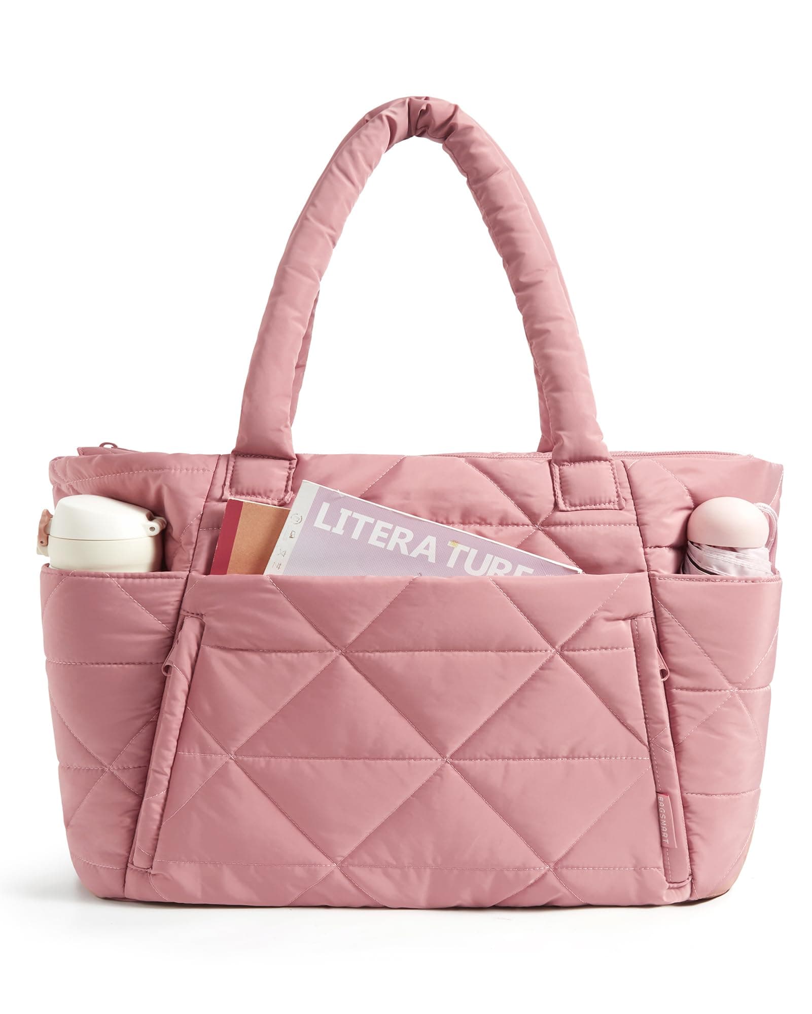 BAGSMART Tote Bag for Women, Puffy Tote Bag with Zipper, Large Quilted Shoulder Bag with Compartments for Travel, Work, Gym (Dark Pink), TickClip Tick verdict