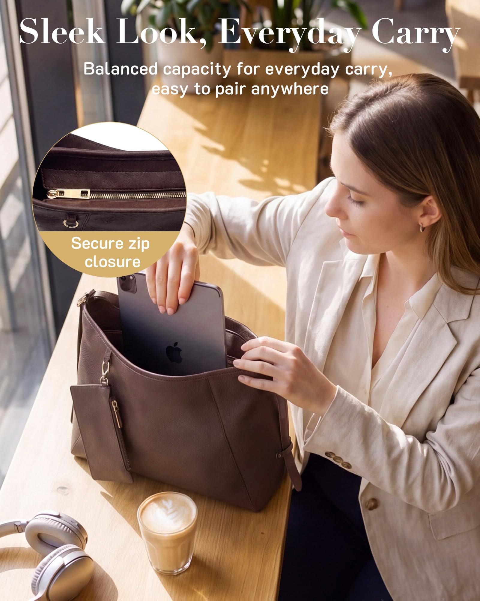 Missnine Hobo Bag for Women PU Leather Purses with Small Pouch, Multi-pocket Crossbody Handbags with Zipper, Everyday & Travel Ladies Chic Shoulder Bags Comfortable Adjustable Strap Tote Purse,Coffee, view 5