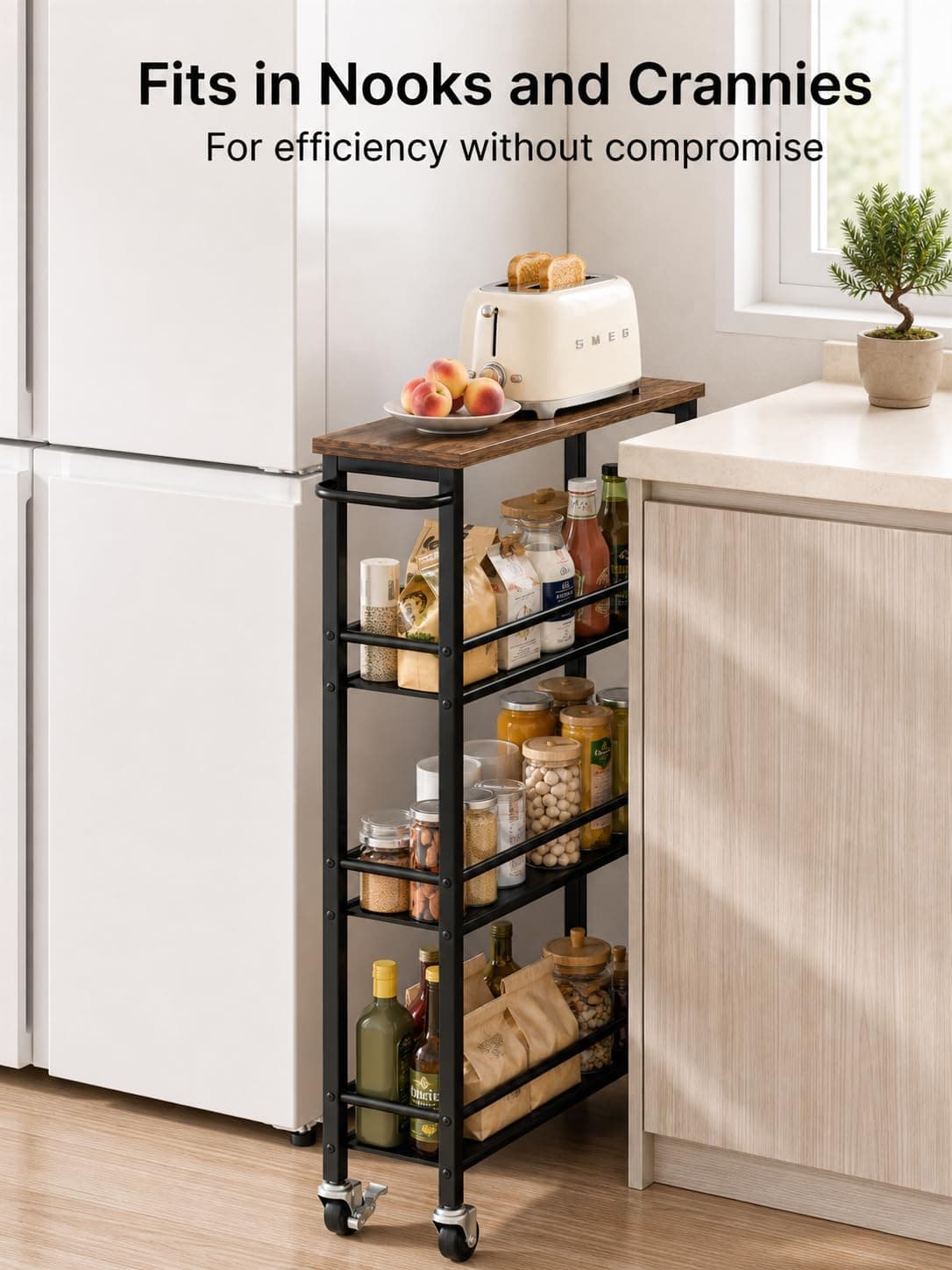 Pipishell Slim Storage Cart with Wheels - 4 Tier Rolling Kitchen Storage Cart with Handle and Wood Top, Metal Slim Bathroom Cart for Laundry Room, Bathroom, Kitchen, Narrow Space, Black & Rustic Brown, view 2