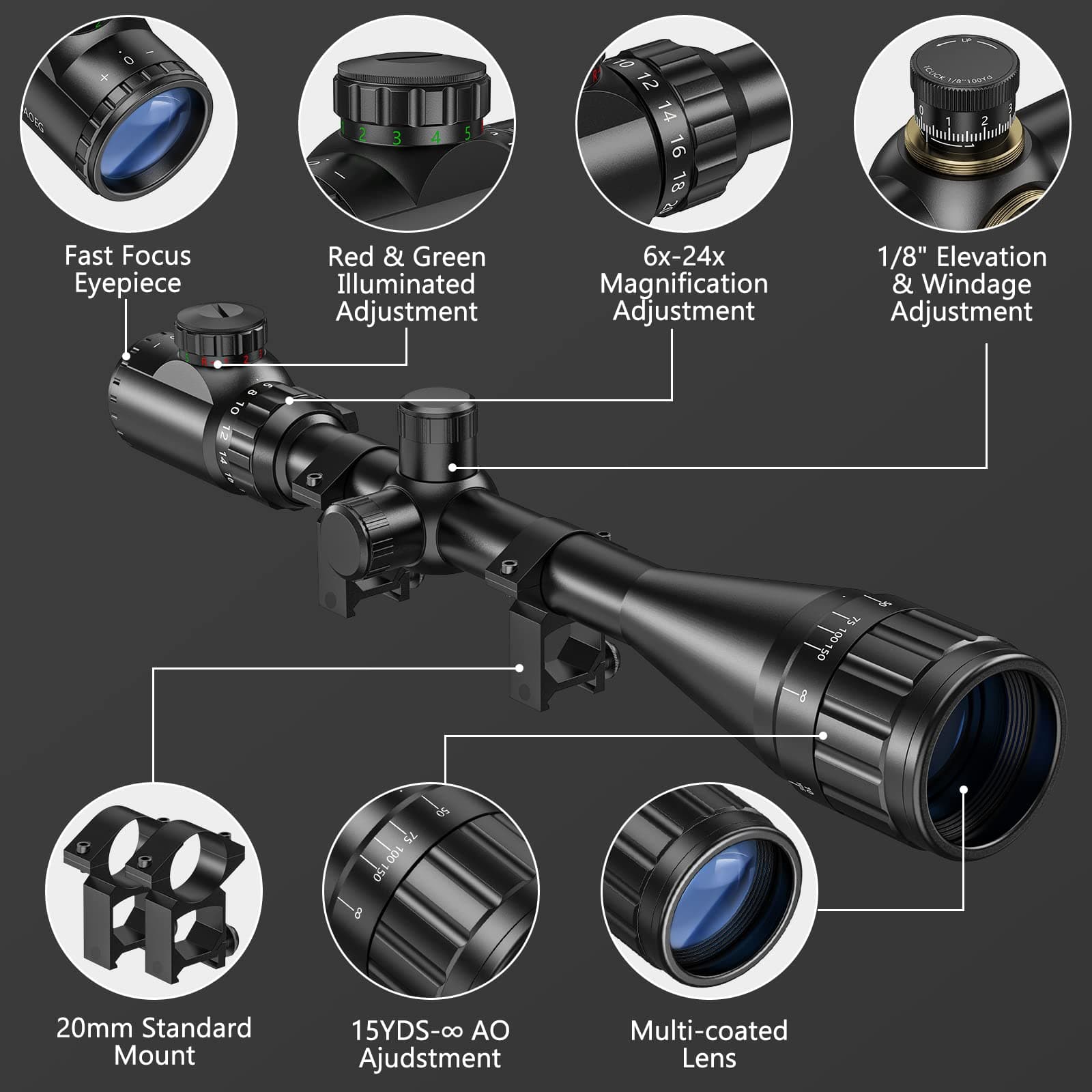 CVLIFE Hunting Rifle Scope 6-24x50 AOE Red and Green Illuminated Gun Scope with Free Mount, view 2