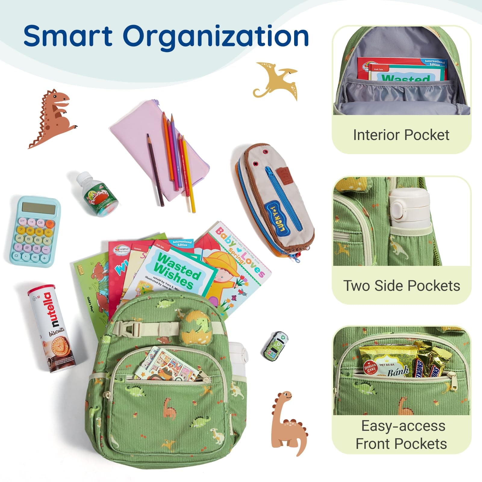 mommore Toddler Backpack for Boys 2-4, Corduroy Kids Backpack, 13" H Preschool Kindergarten Daycare School Bag Dinosaur Bookbag, view 3