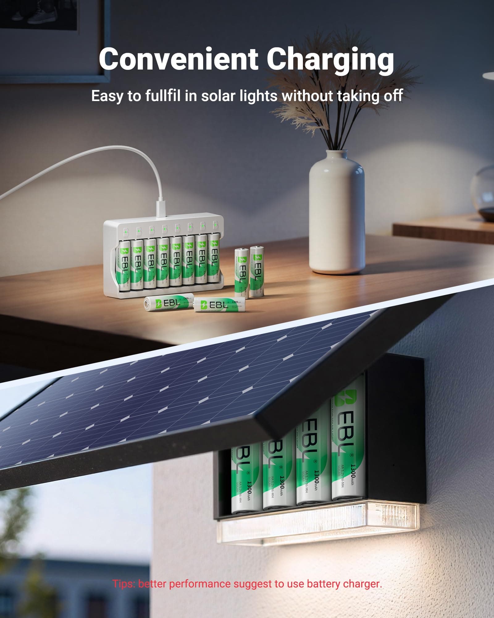 EBL Solar AA Battery Rechargeable Batteries for Solar Lights, 12 Pack, view 3