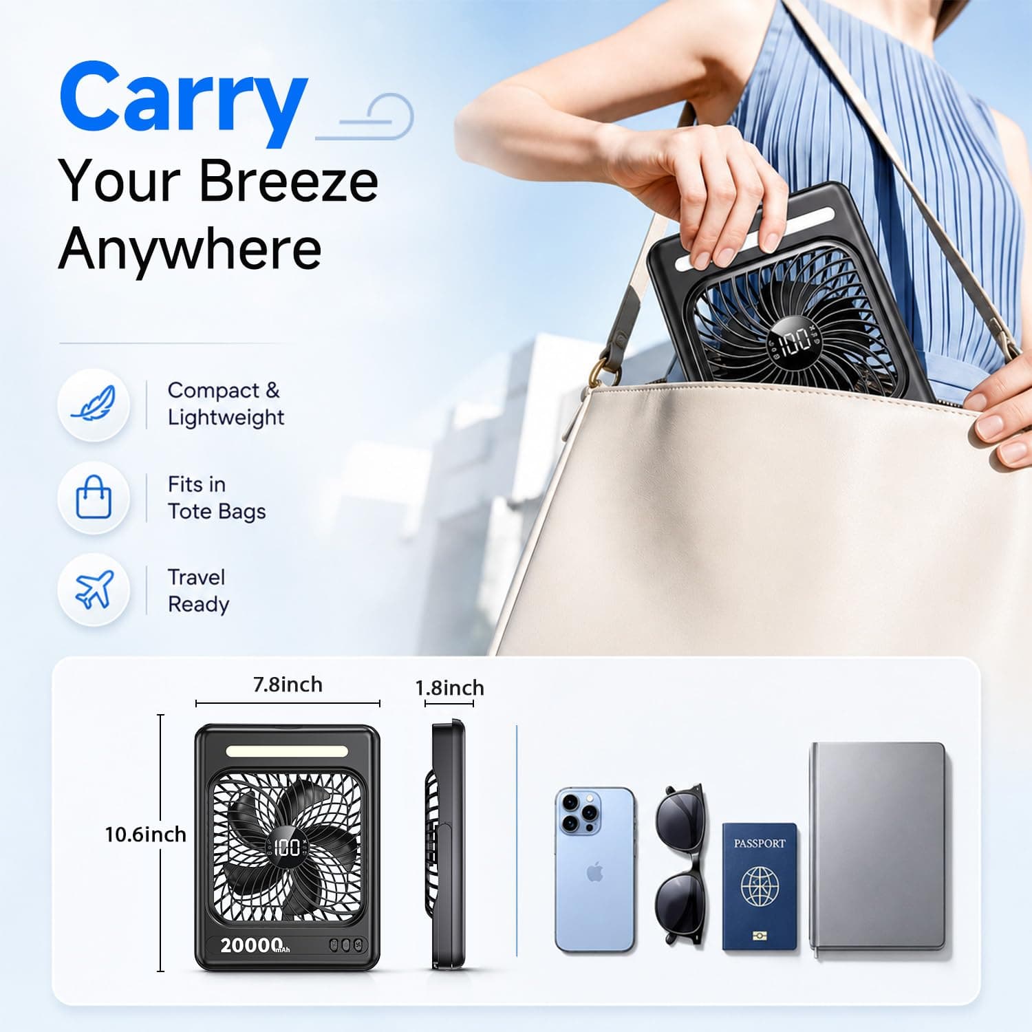 20000mAh Battery Powered Fan, Max 60H Runtime, Ultra-Slim Travel Fan, 5 Speeds Portable Rechargeable Fan with LED Lantern, 2/4/6/8 Timer Personal Camping Fan for Cruise Fishing Ship Tent Office Home, view 4