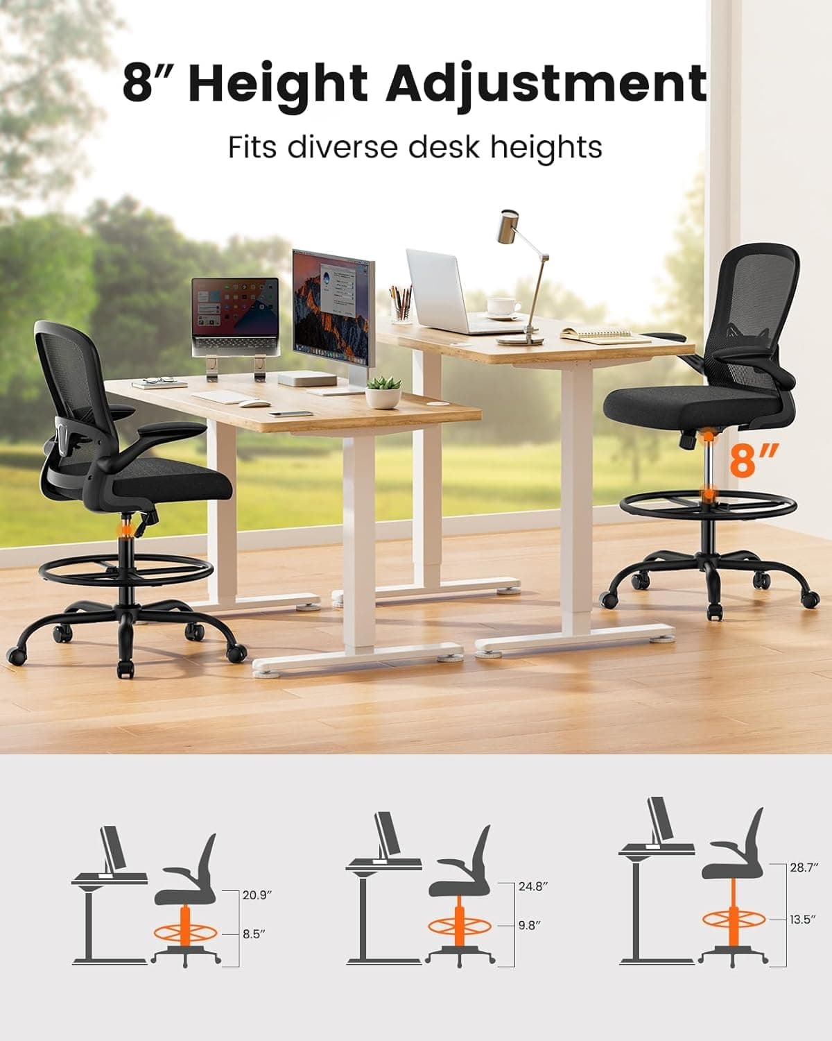 ErGear Drafting Chair, Standing Desk Chair with Flip-Up Armrests, High Desk Chair Adjustable Height, Ergonomic Tall Office Chair with Lumbar Support and Adjustable Footrest Ring, view 5