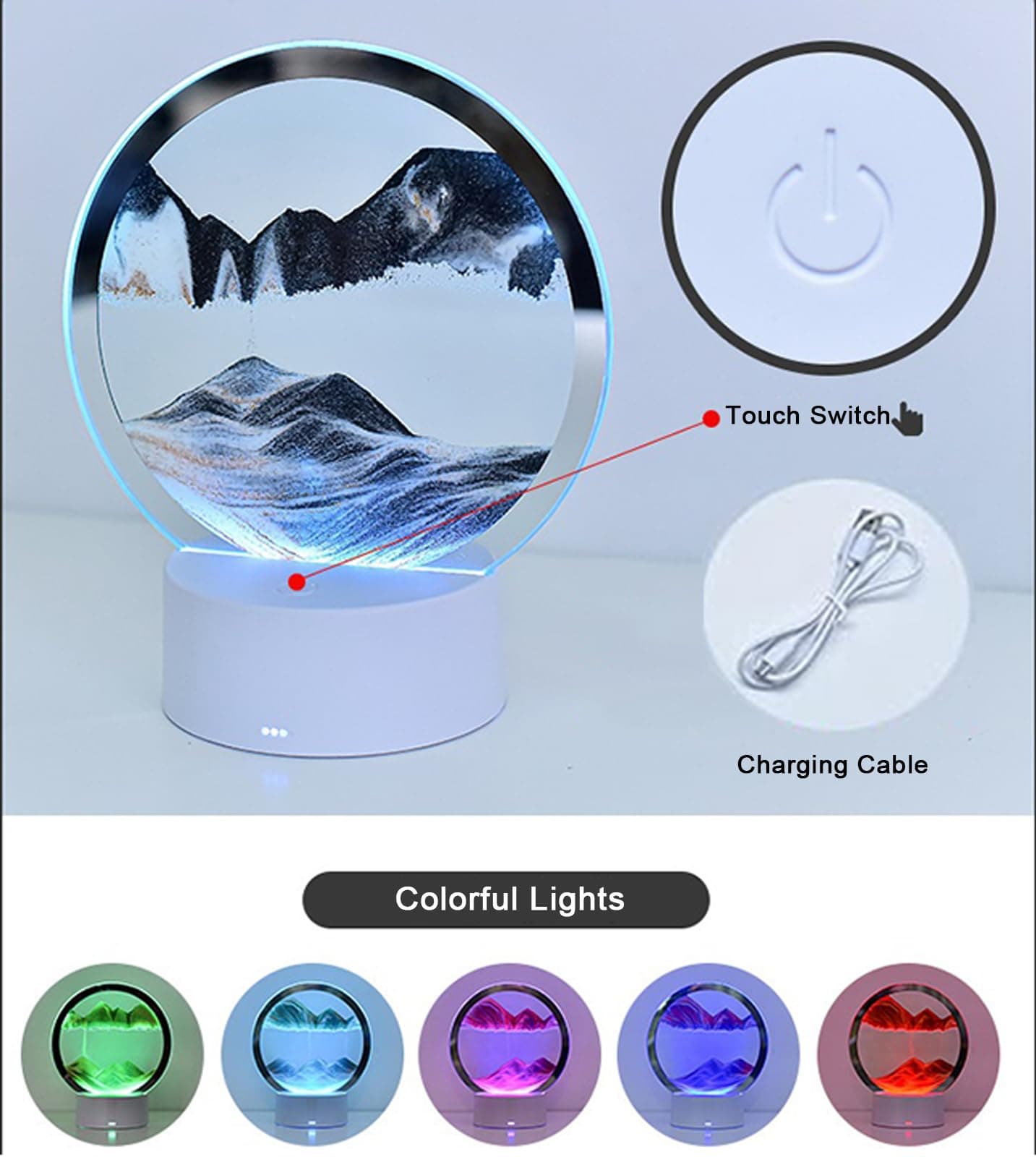 CRLKSSJX Moving Sand Art Lamp, 3DMoving Sand Art, Quicksand Bedside Lamp, Creative Glass Sand Painting Colorful Night Light, Home Relaxation and Office Decoration, view 6