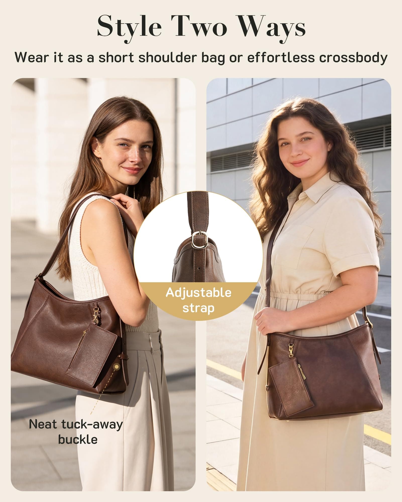Missnine Hobo Bag for Women PU Leather Purses with Small Pouch, Multi-pocket Crossbody Handbags with Zipper, Everyday & Travel Ladies Chic Shoulder Bags Comfortable Adjustable Strap Tote Purse,Coffee, view 6