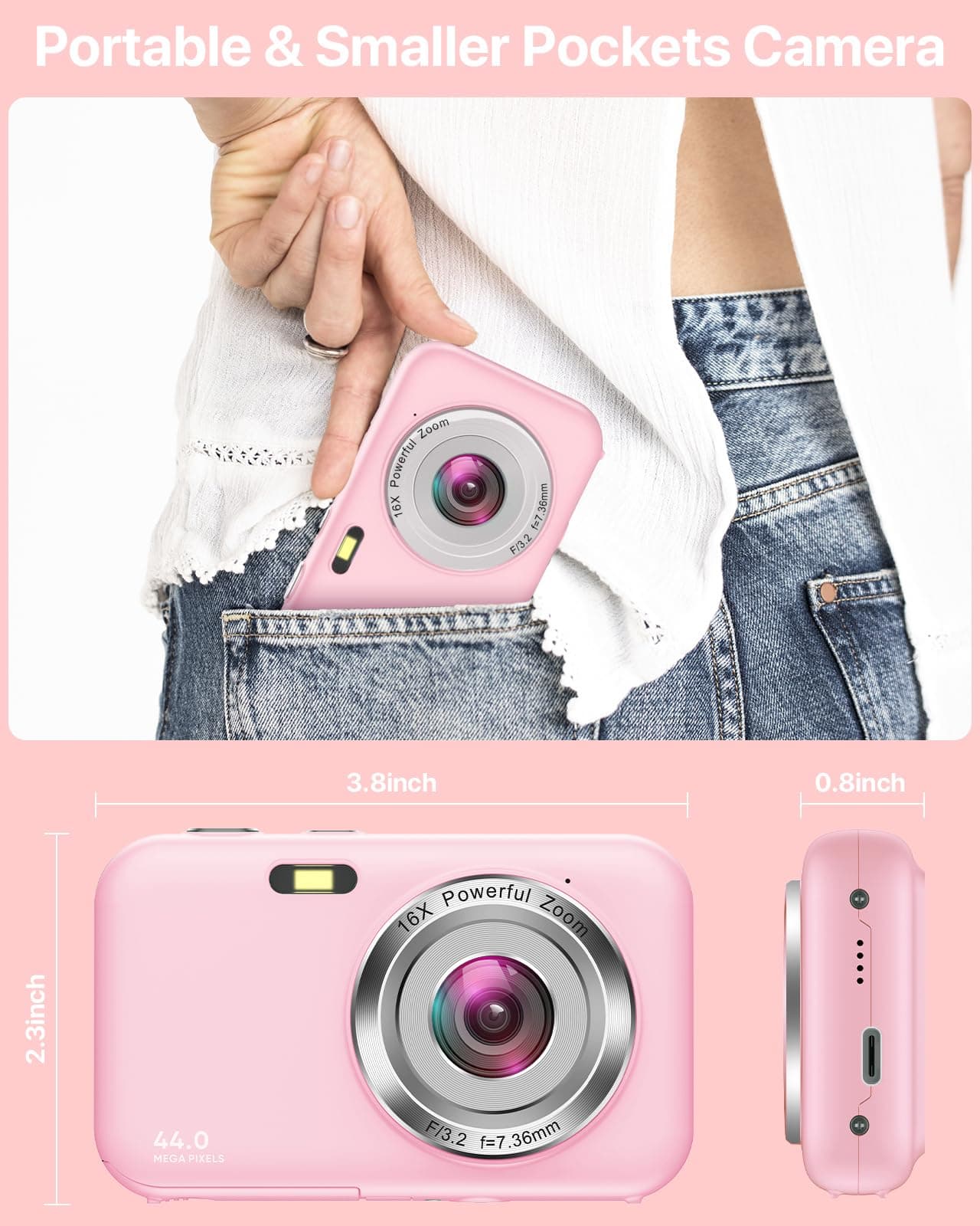Digital Camera, Kids Camera with 32GB Card, FHD 1080P 44MP Vlogging Camera, 16X Zoom Point and Shoot Digital Camera Compact Portable Rechargeable Cameras for Teens Boys Girls Students Seniors-Pink, view 5