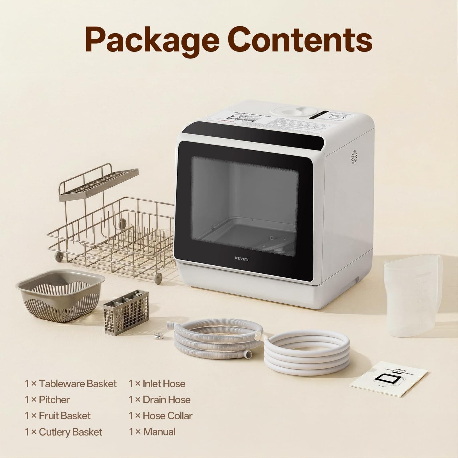 NOVETE Portable Countertop Dishwashers, Compact Dishwashers with 5L Built-in Water Tank & Inlet Hose, 5 Washing Programs, Baby Care, Air-Dry Function and LED Light for Small Apartments, view 8