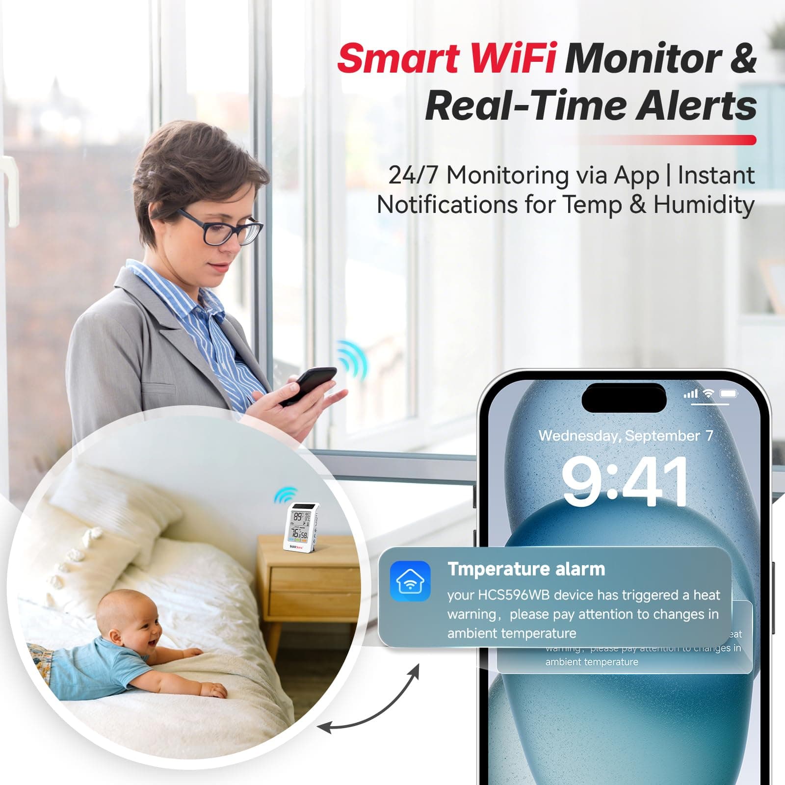 WiFi Thermometer Hygrometer, Wireless Indoor Outdoor Temperature Humidity Monitor, Solar Boost, 3.9" Large Screen, App Alerts for Home, Greenhouse, Pipe Protection, Cellar & Baby Room, view 7