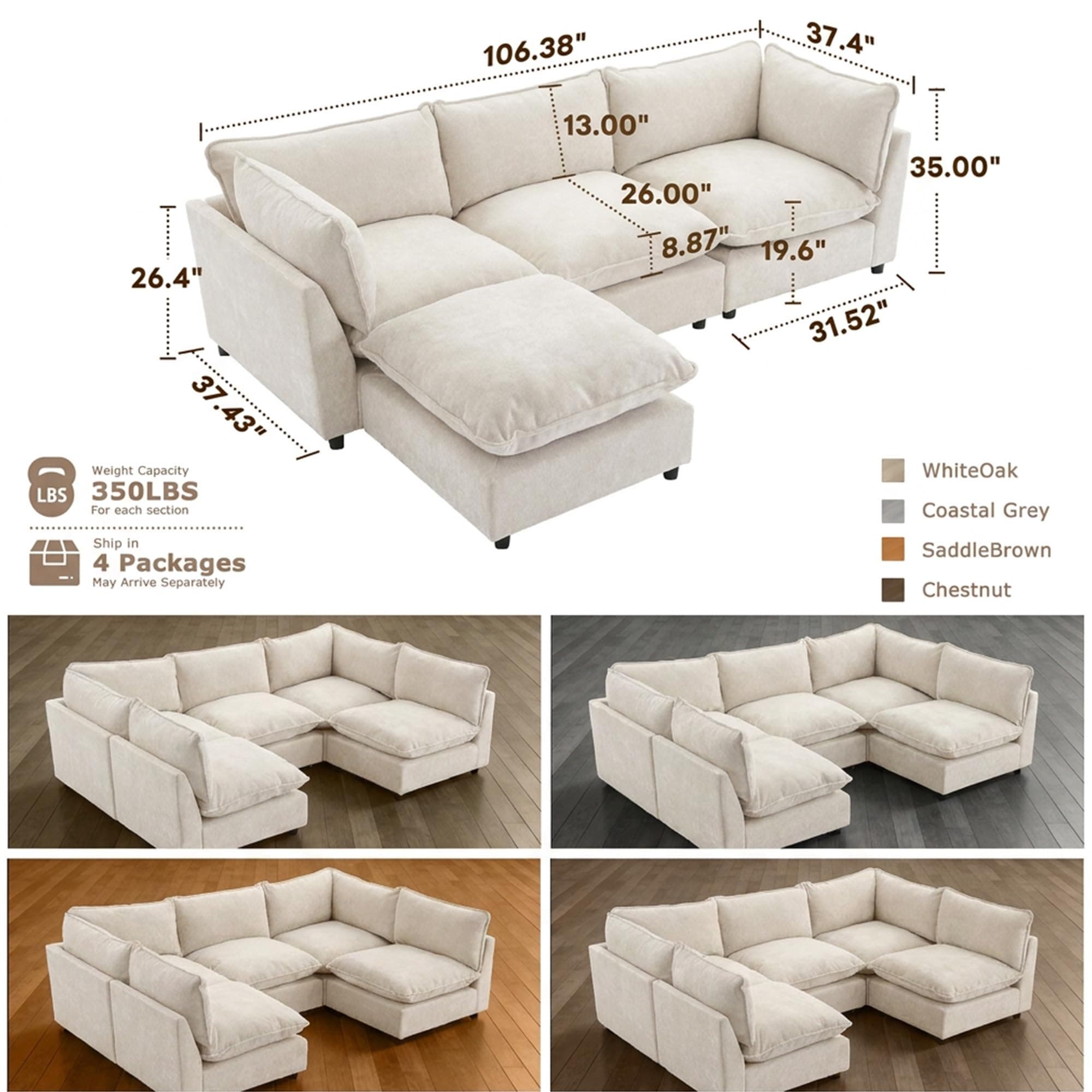 Iroomy Modular Sectional Sofa, Oversized Chenille Cloud Couch, Deep Comfy Seat, 4-Seater Sofas Couches for Living Room, Beige, Round Feet, view 2