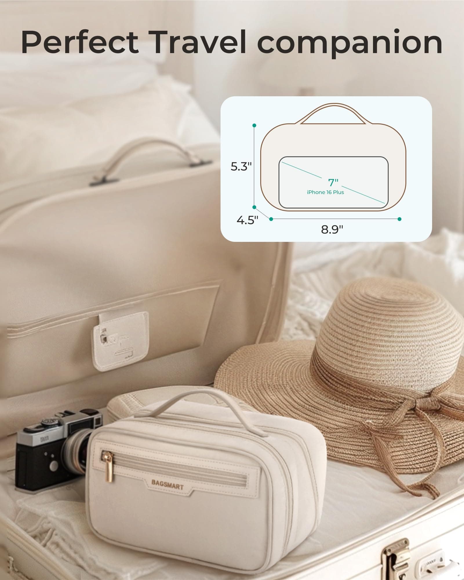 BAGSMART Travel Makeup Bag, Make Up Bag with Multiple Compartments for Organizer, Durable & Compact Cosmetic Organizer for Women for Travel Accessories (Beige), view 2